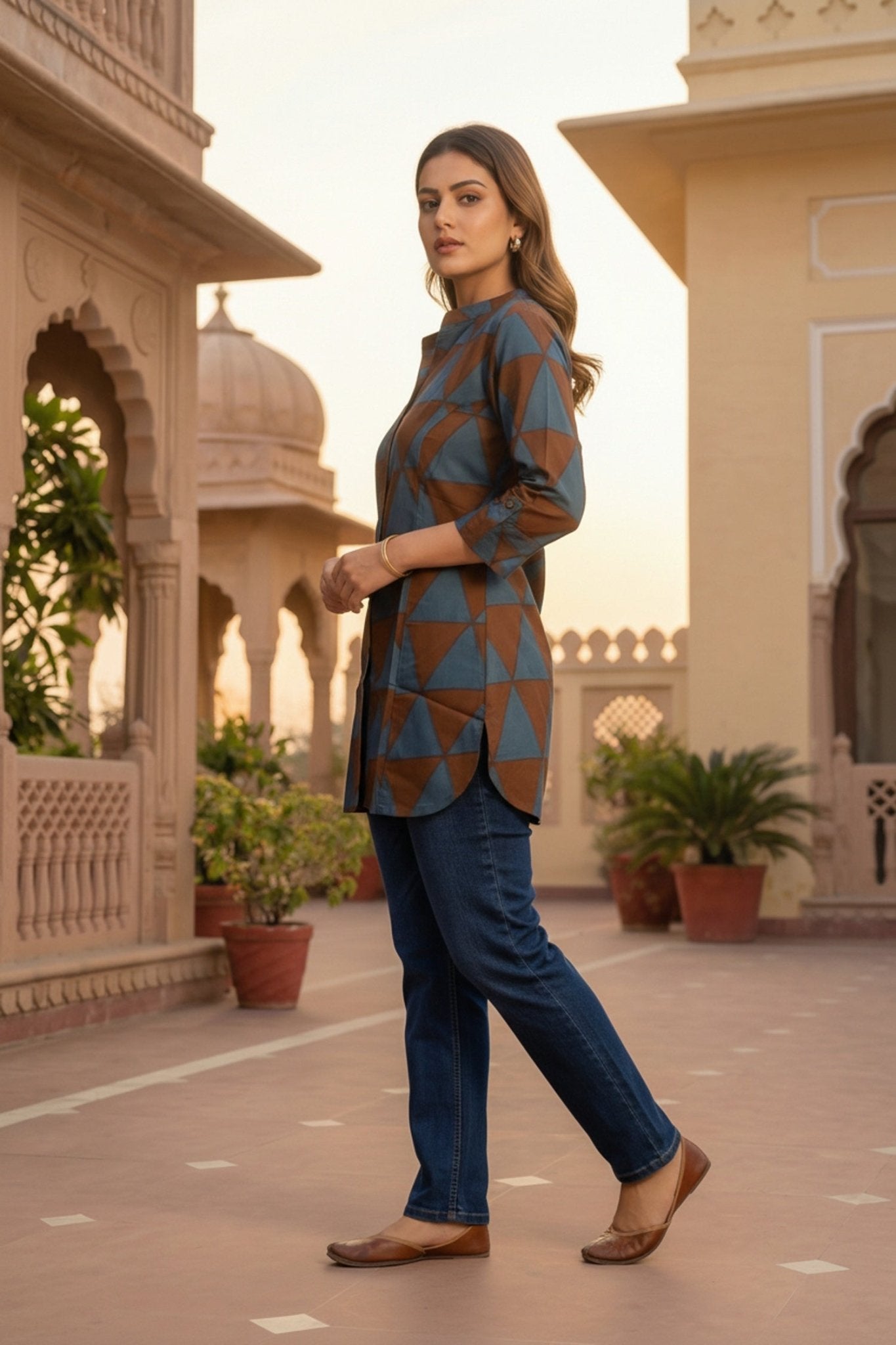 Brown Cotton Top with Geometric Design - Freyaa USA & Canada