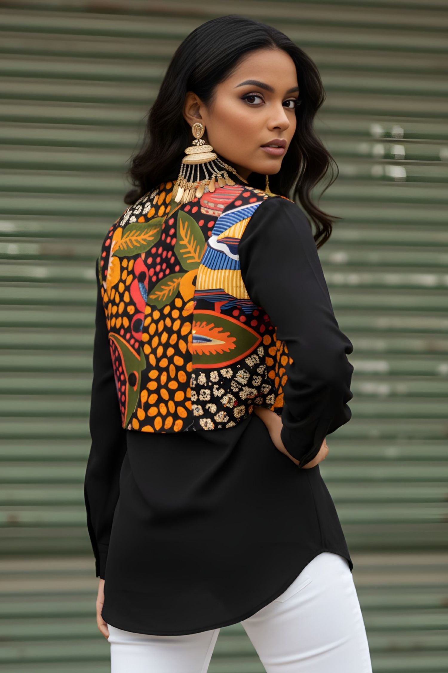 Black Shirt with Printed Cropped Jacket