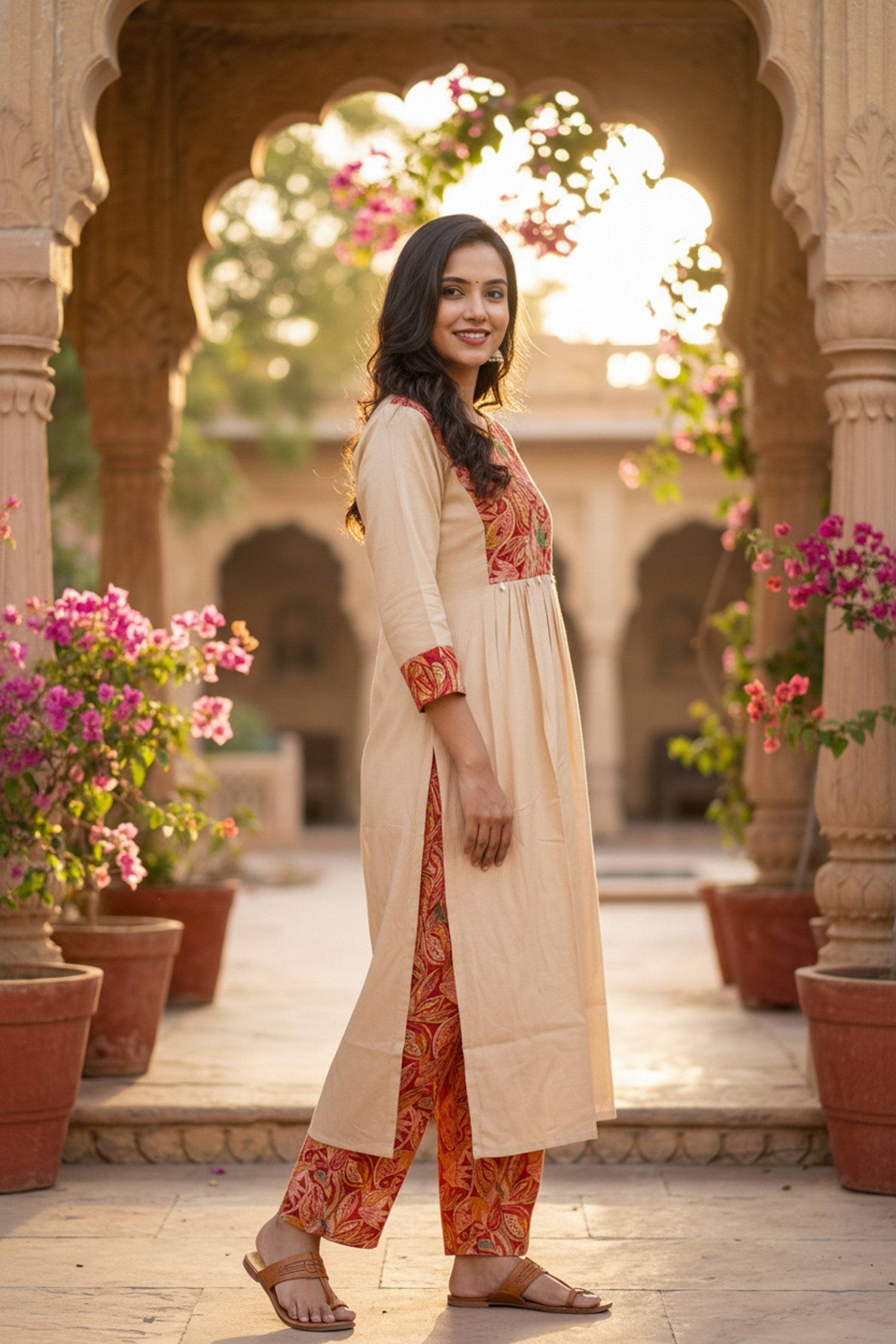 Beige Printed Cotton Co-ord Set