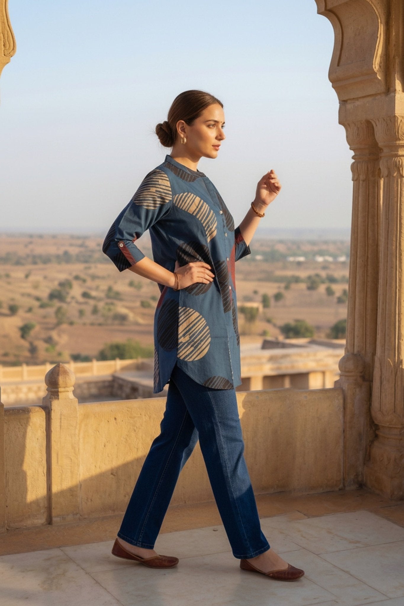 Blue Cotton Top with Abstract Print Design - Freyaa USA & Canada