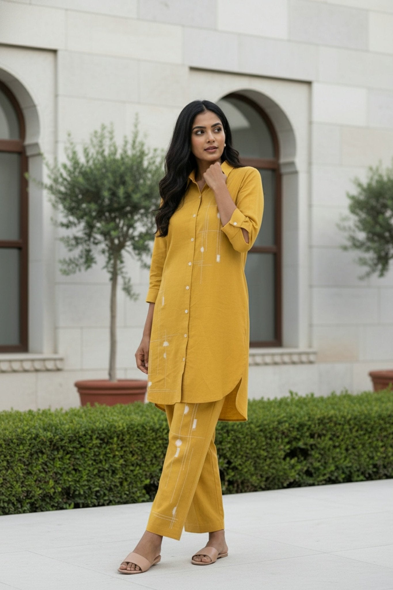 Yellow Cord Set with Graphic Print Detailing - Freyaa USA & Canada