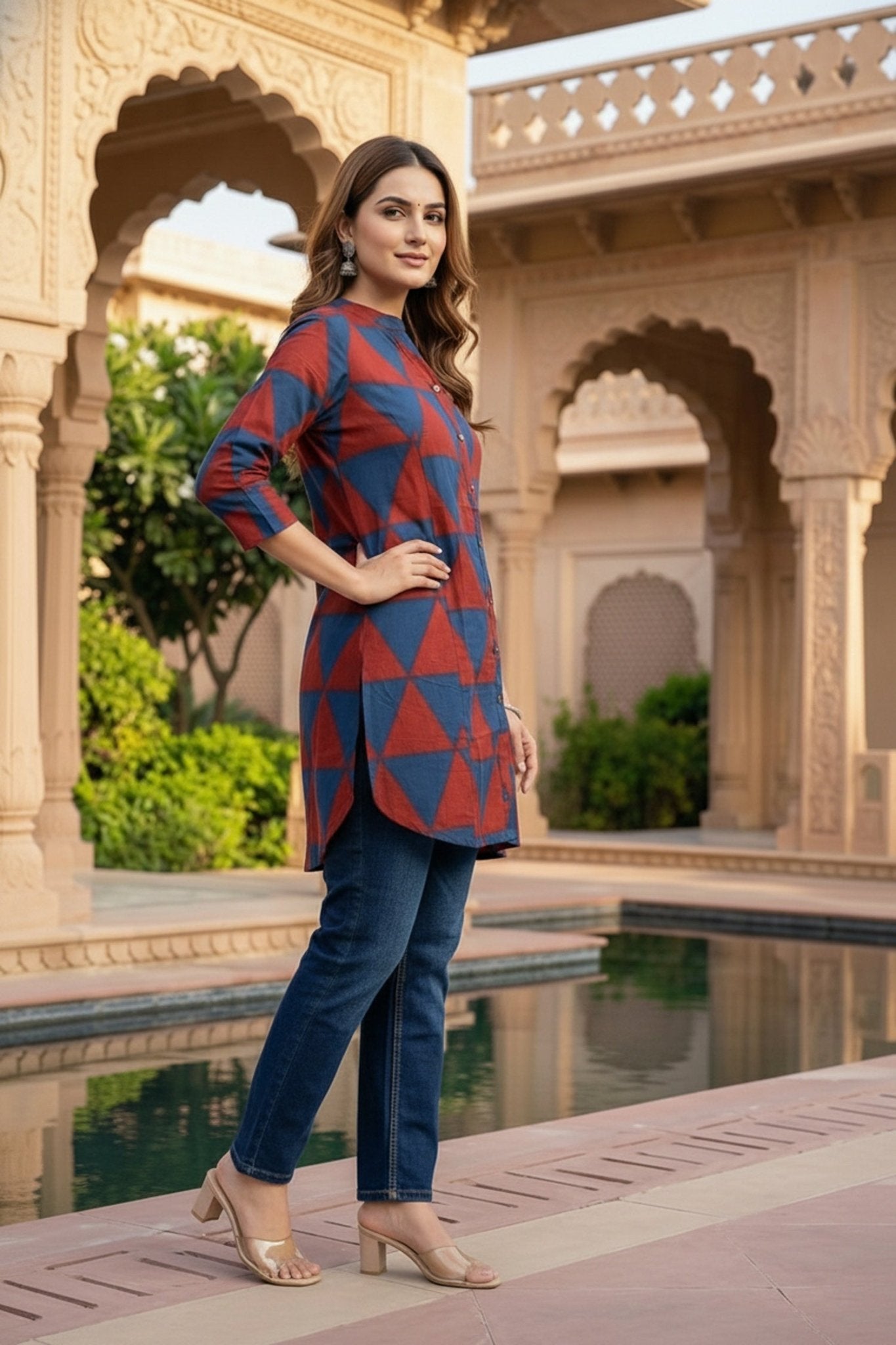 Geometric Triangle Print Red Cotton Top - Freyaa USA & Canada