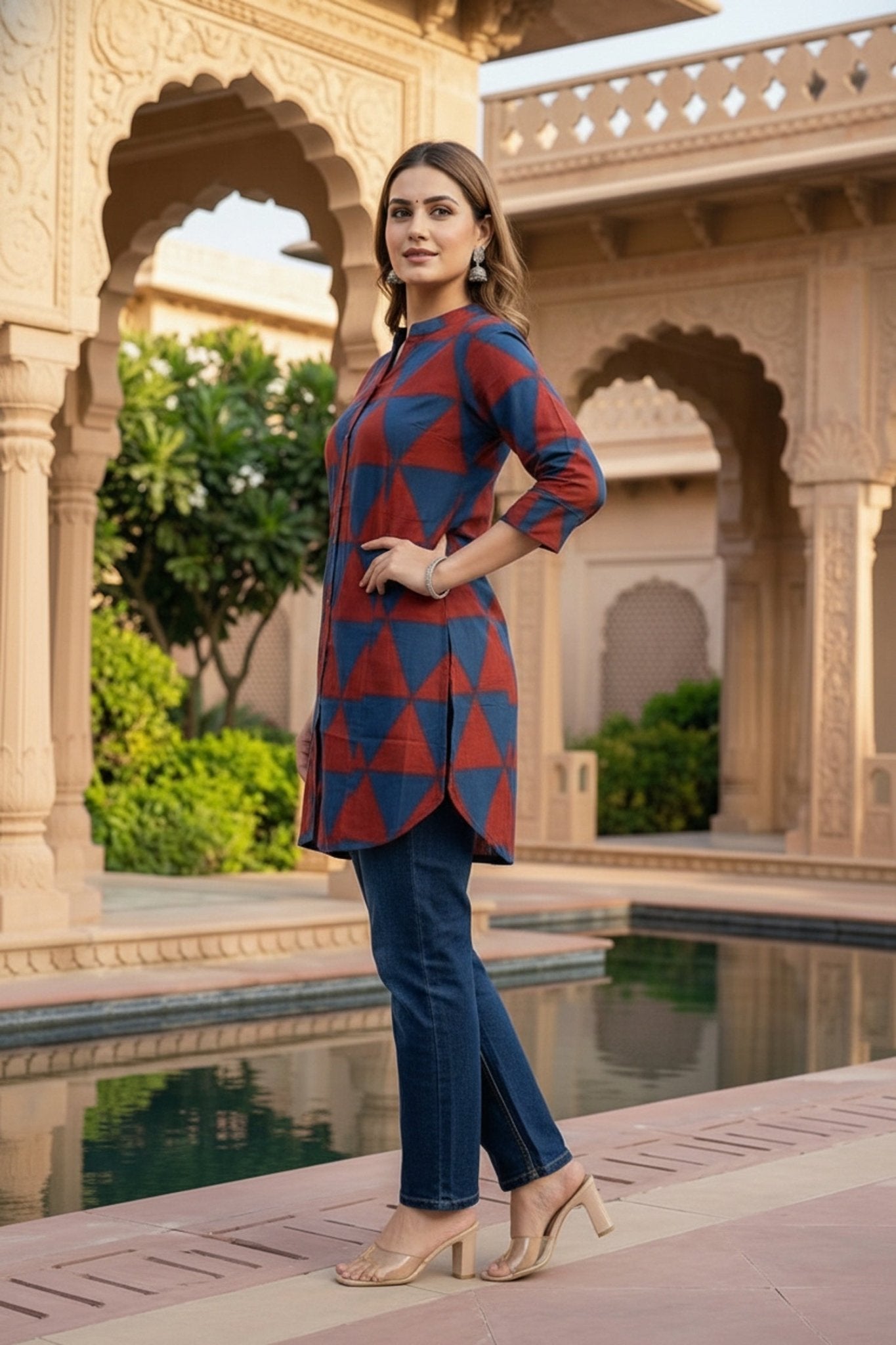Geometric Triangle Print Red Cotton Top - Freyaa USA & Canada