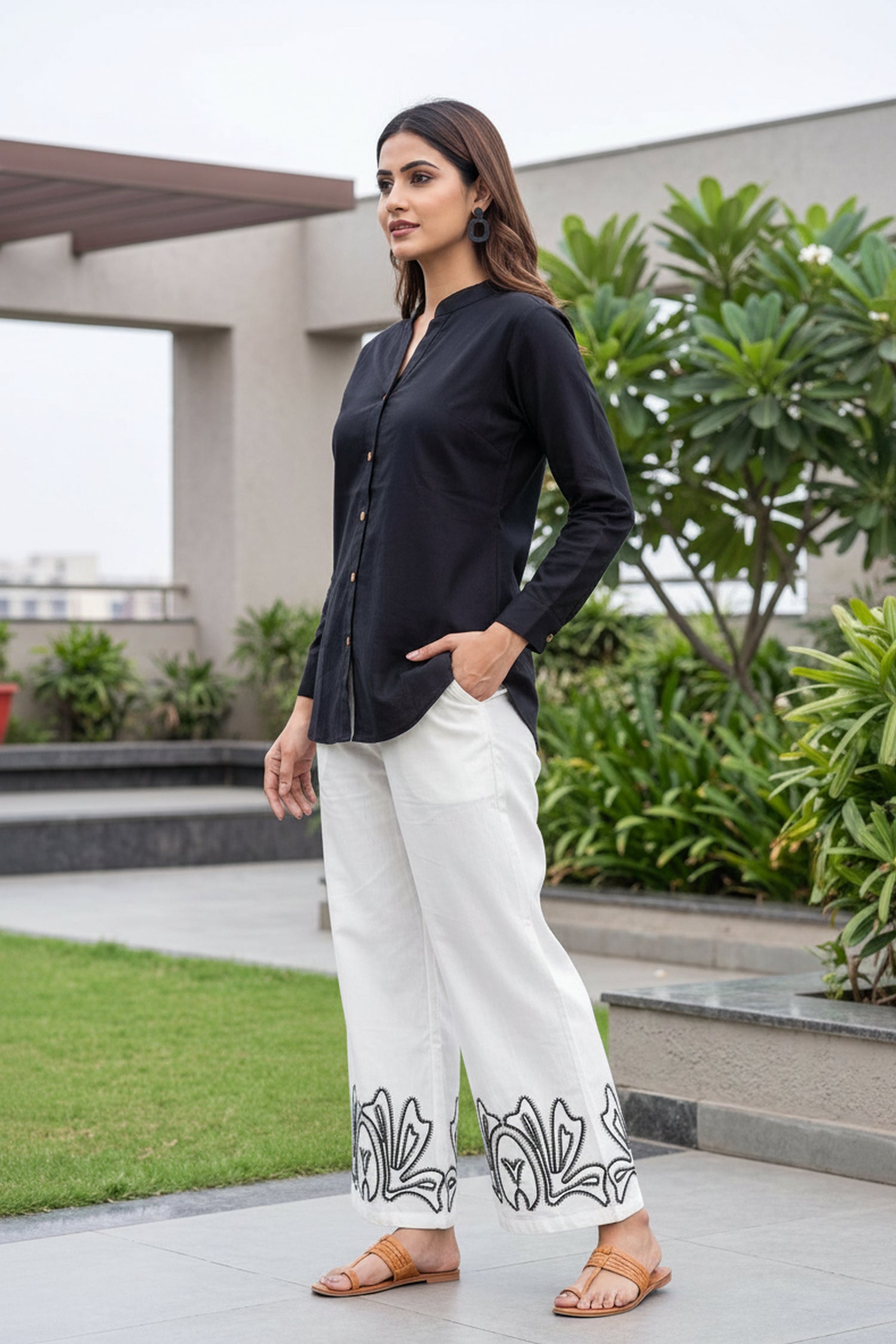 Black Cotton Shirt & White Printed Palazzo Co-Ord Set