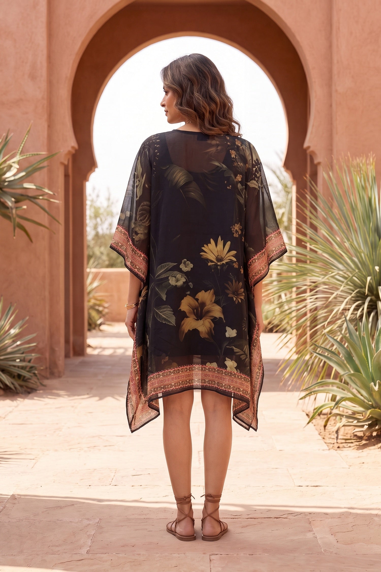 Black Embroidered Printed Short Kaftan