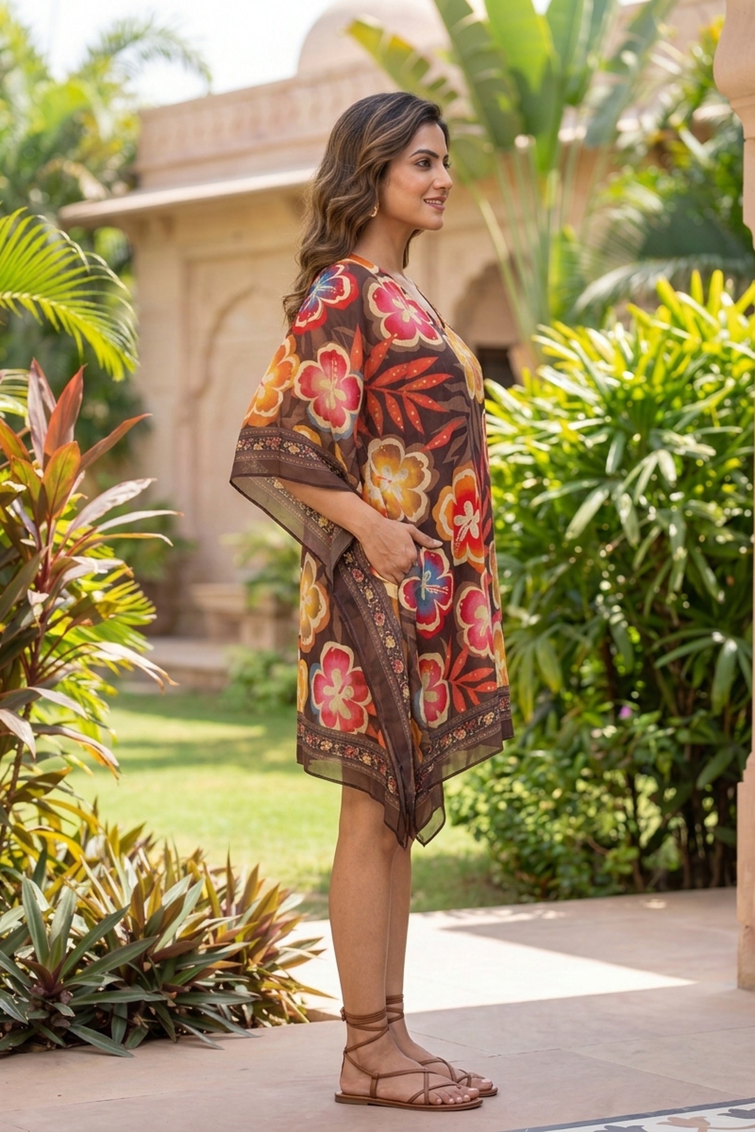 Floral Print Chinon Short Kaftan