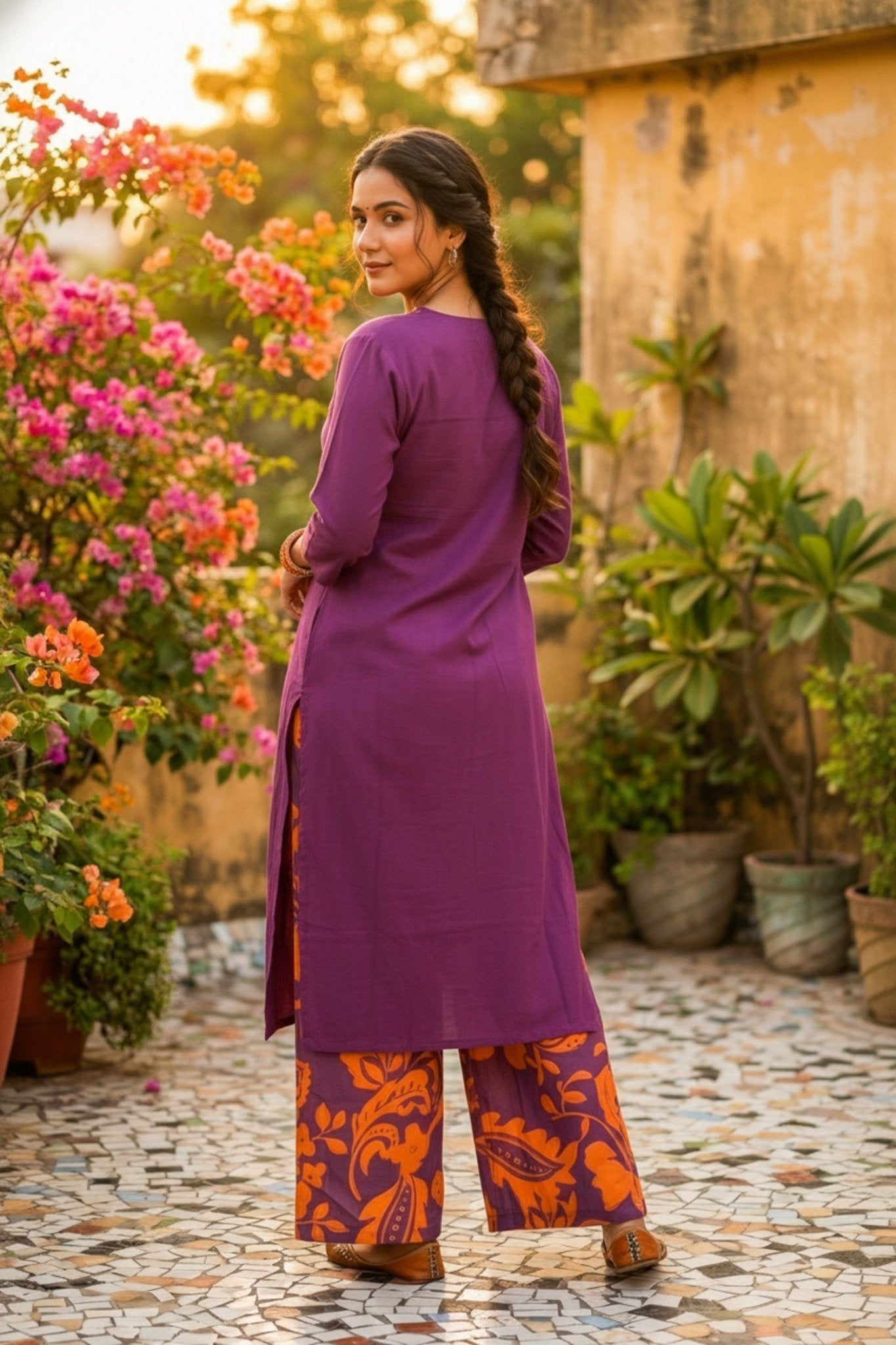 Purple Cotton Co-ord Set with Printed Pants - Freyaa USA & Canada
