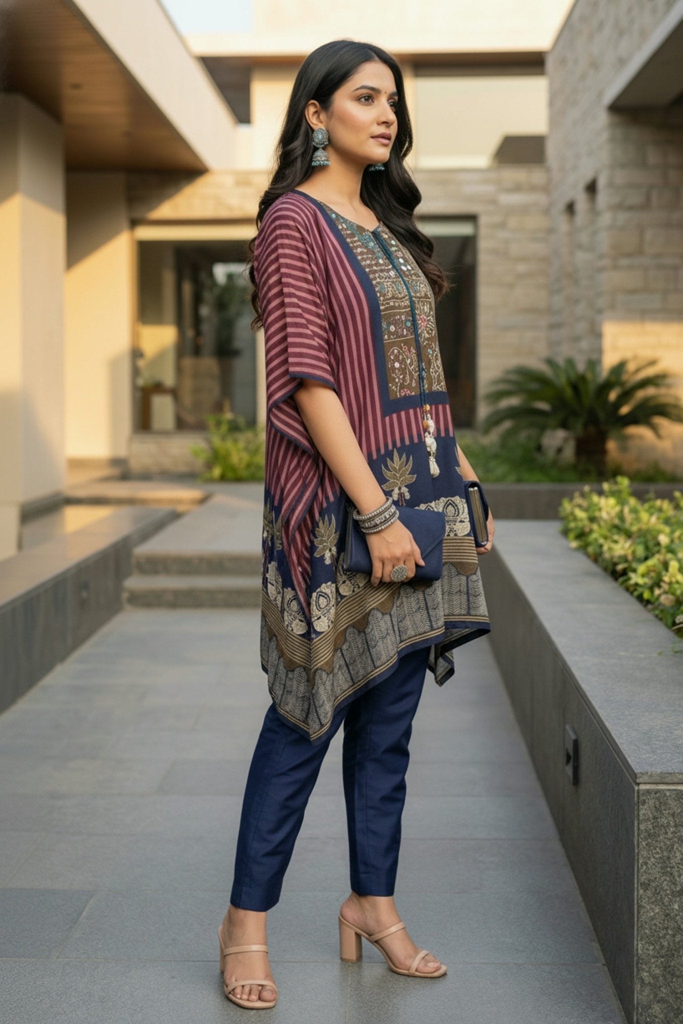 Maroon Printed Short Kaftan with Chic Flair - Freyaa USA & Canada