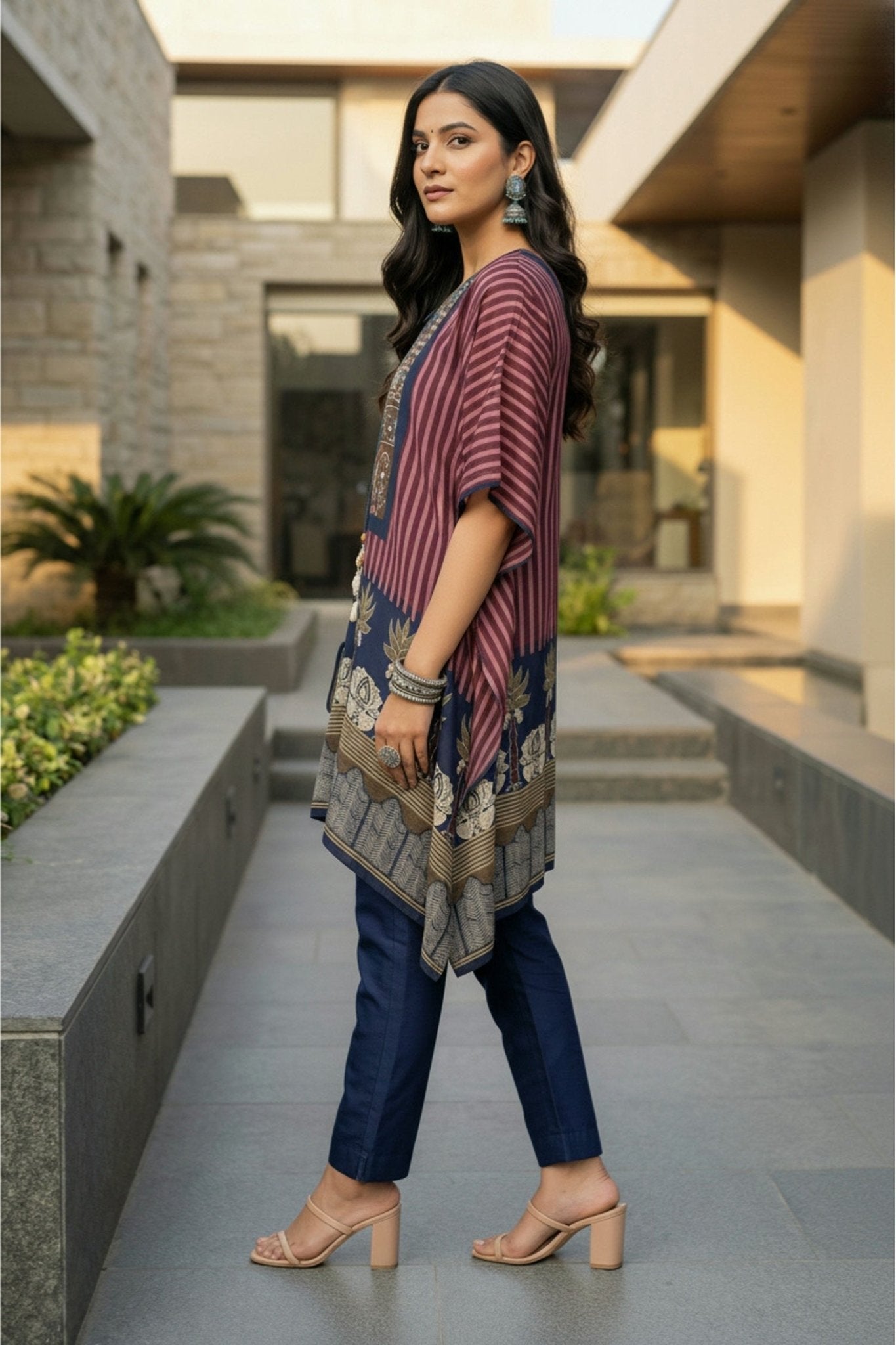 Maroon Printed Short Kaftan with Chic Flair - Freyaa USA & Canada