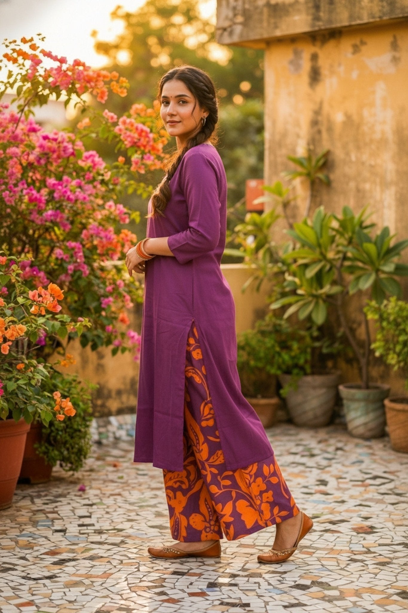 Purple Cotton Co-ord Set with Printed Pants - Freyaa USA & Canada