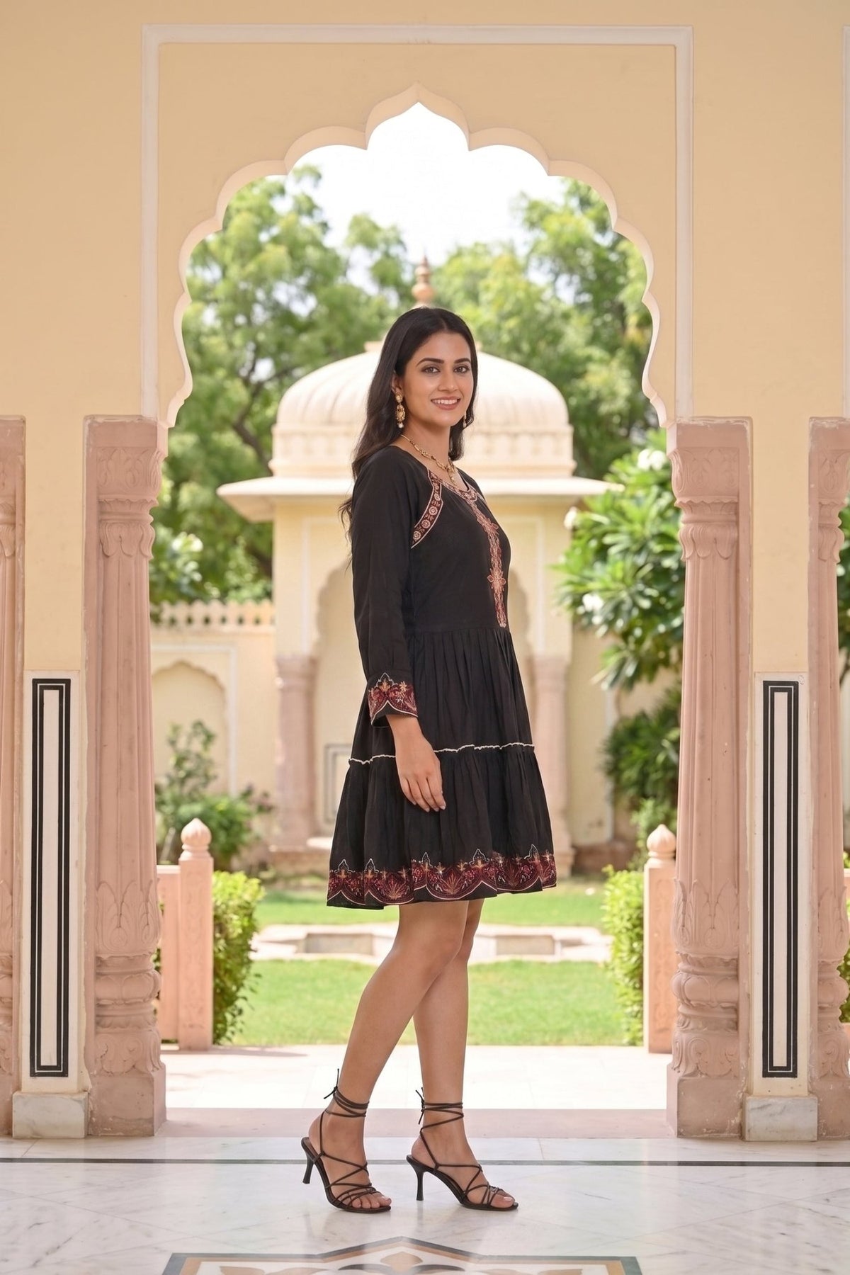 Black Floral Embroidered Short Tunic Dress - Freyaa USA & Canada