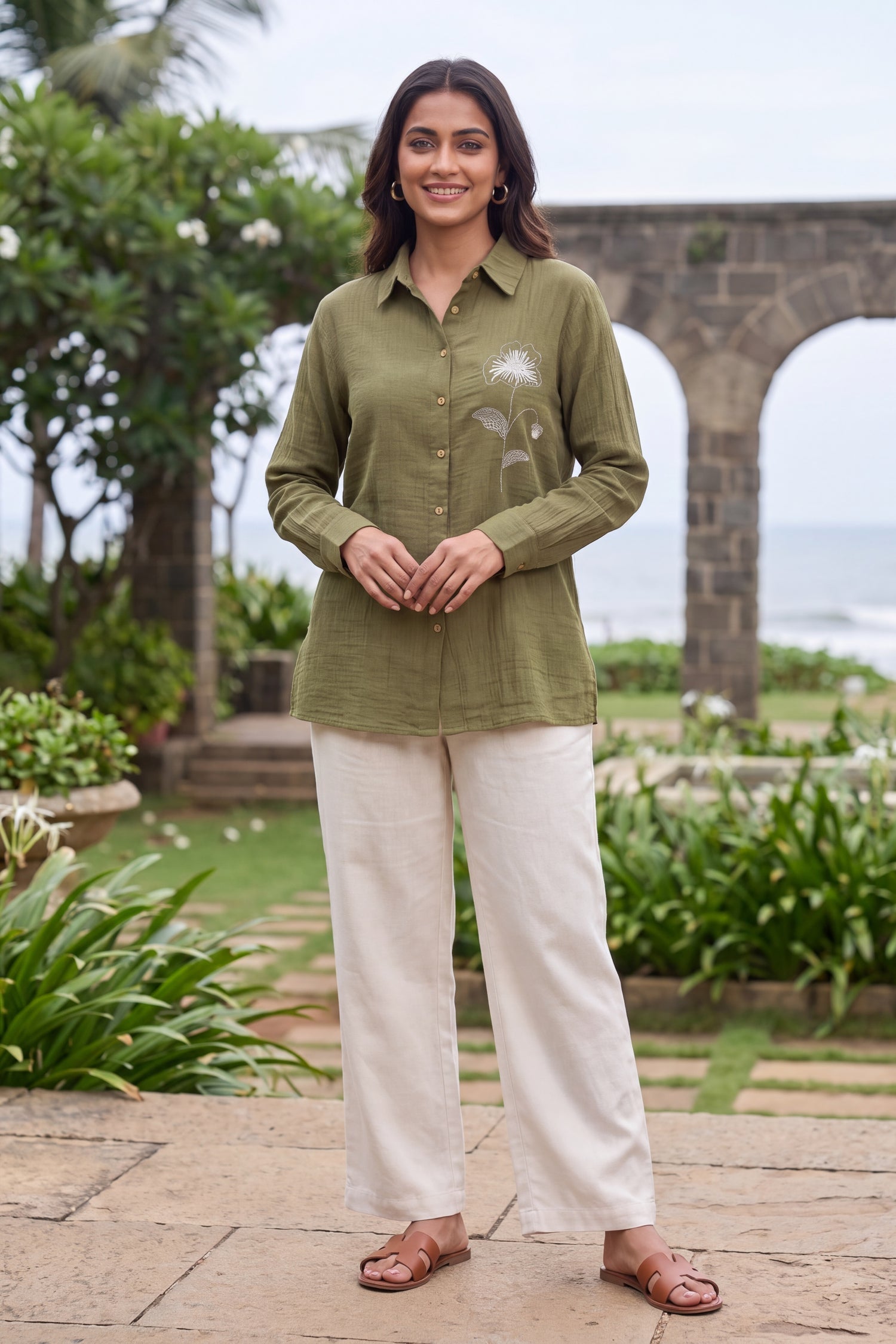 Olive Green Cotton Shirt with White Floral Embroidery
