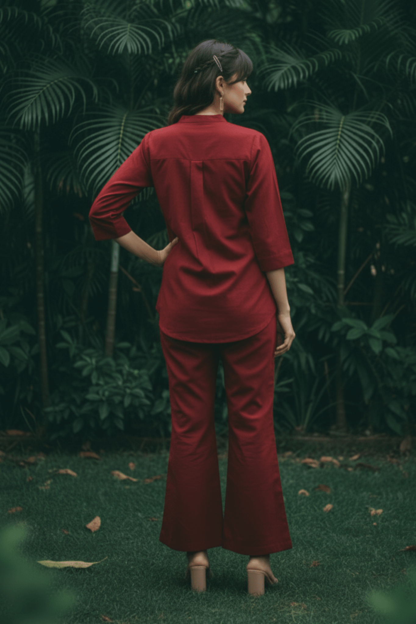 Linen Cotton Maroon Red Relax Fit Cord Set. - Freyaa USA & Canada