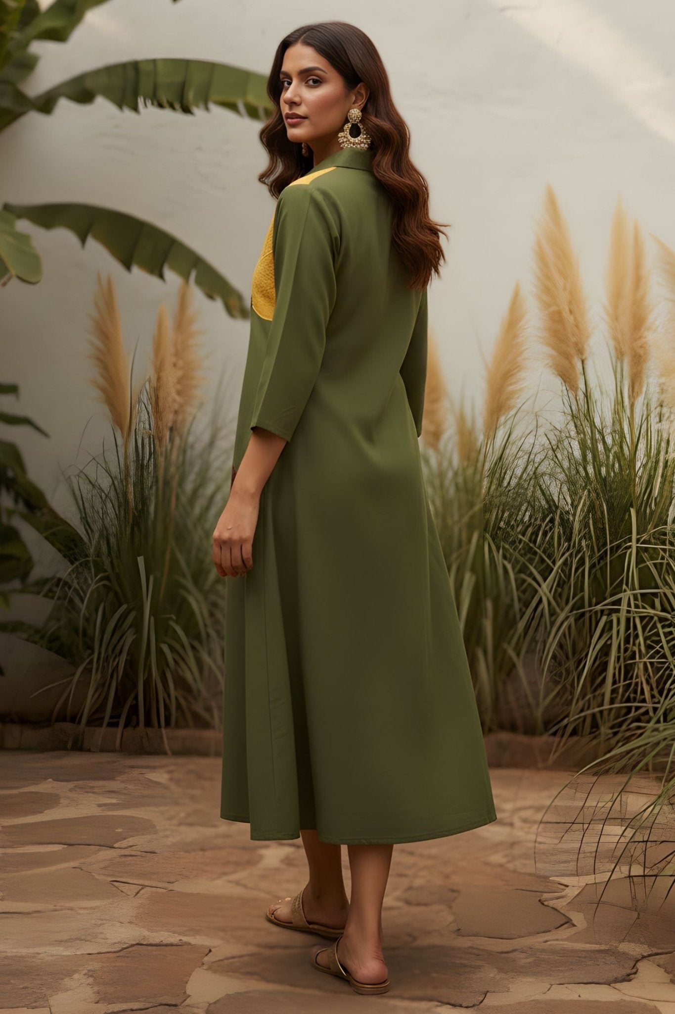Regular Fit Leaf Green Collar Neck Dress. - Freyaa USA & Canada