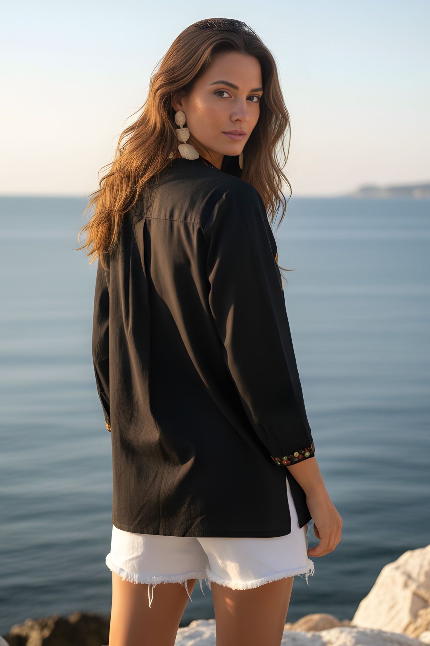 Black Floral Embroidered Tunic Top