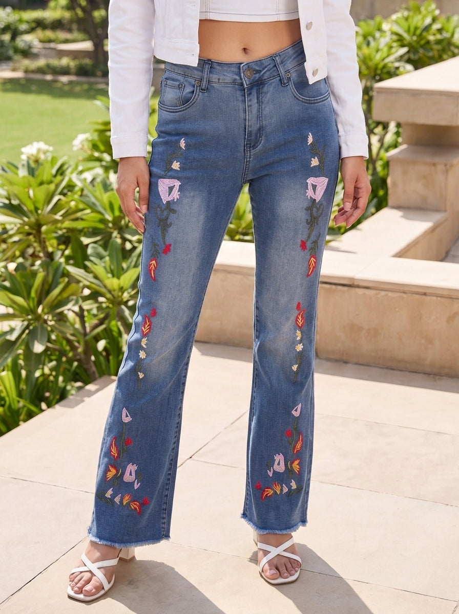 Floral Embroidered Straight long Denim