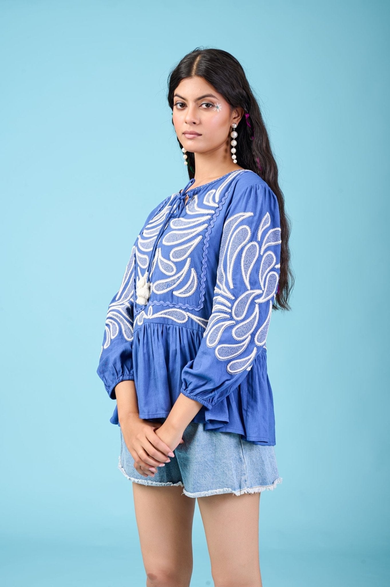 Trendy Blue Top with Detailed Work - Freyaa USA & Canada