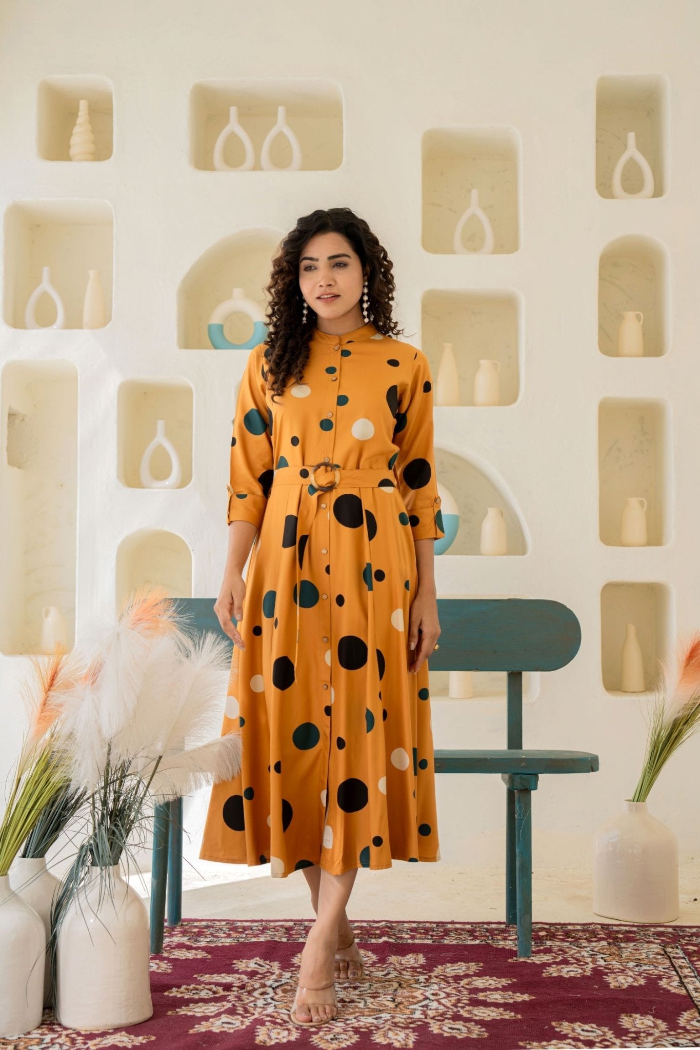 Chic Mustard Shirt Style Dress With Belt - Freyaa USA & Canada