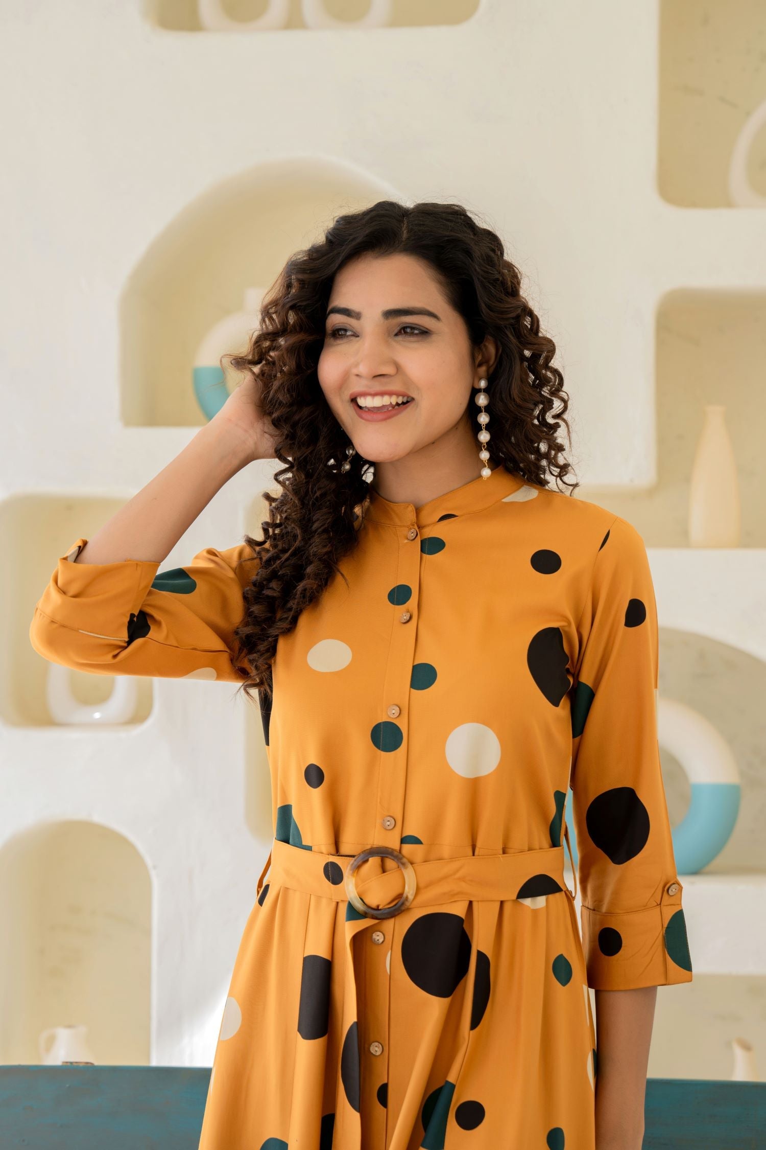 Chic Mustard Shirt Style Dress With Belt