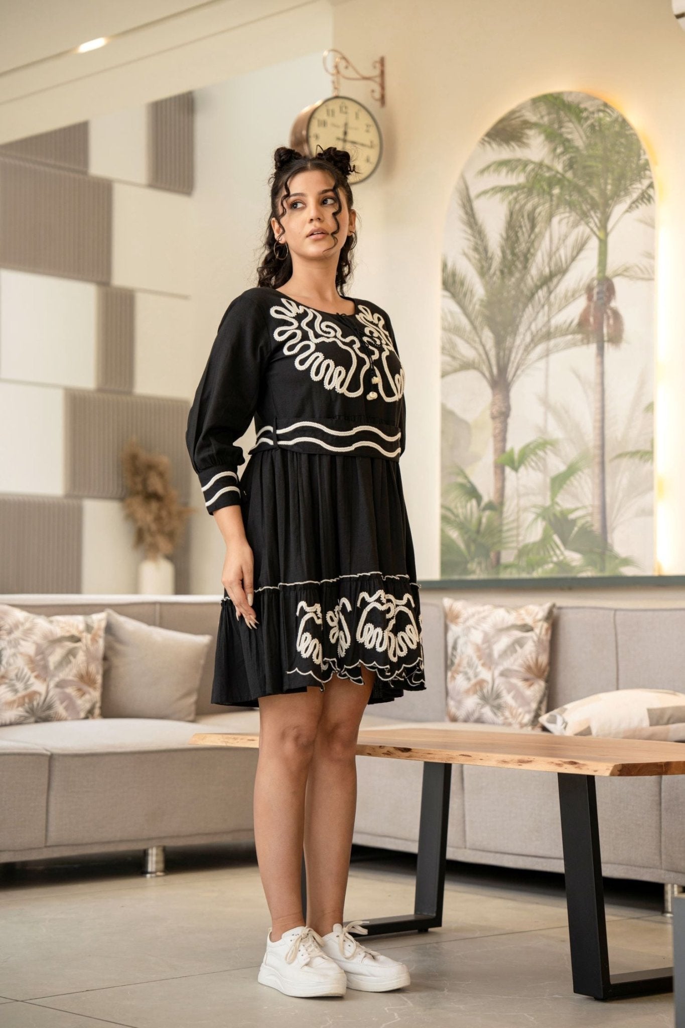 FREYAA Embroidered Black Cotton Tunic - Freyaa USA & Canada