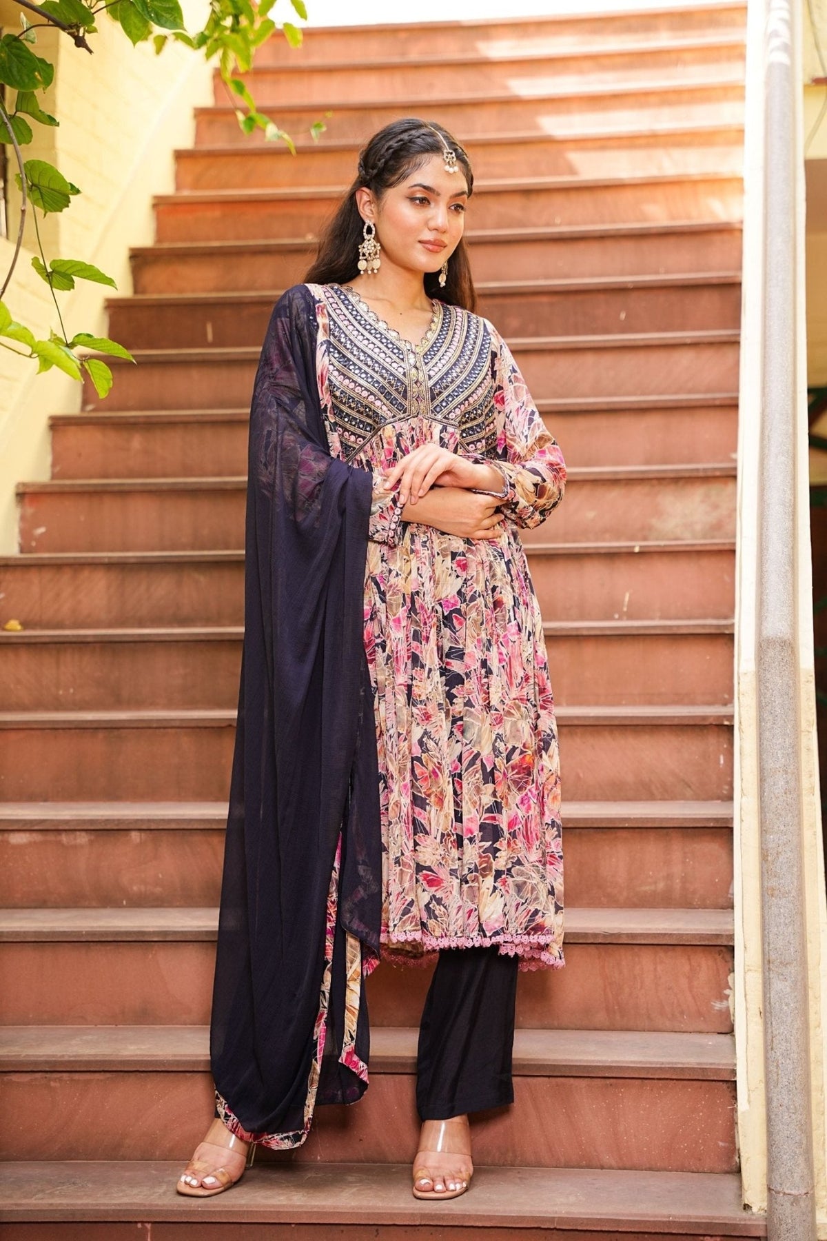 Navratri Couture Marble Print With Abhla And Embroidery Work - Freyaa USA & Canada