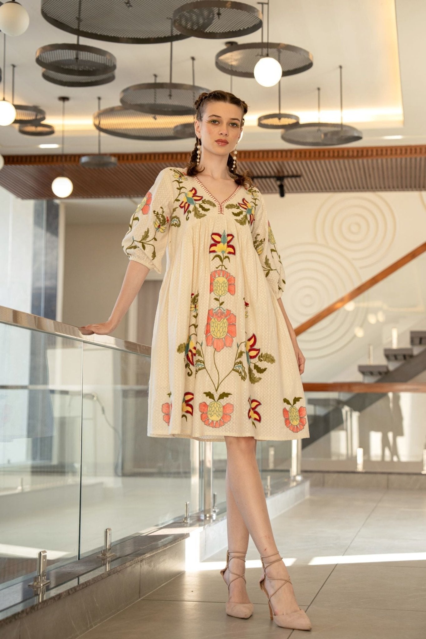 Cream Cotton V-Neck Tunic Top with Floral Embroidery - Freyaa USA & Canada