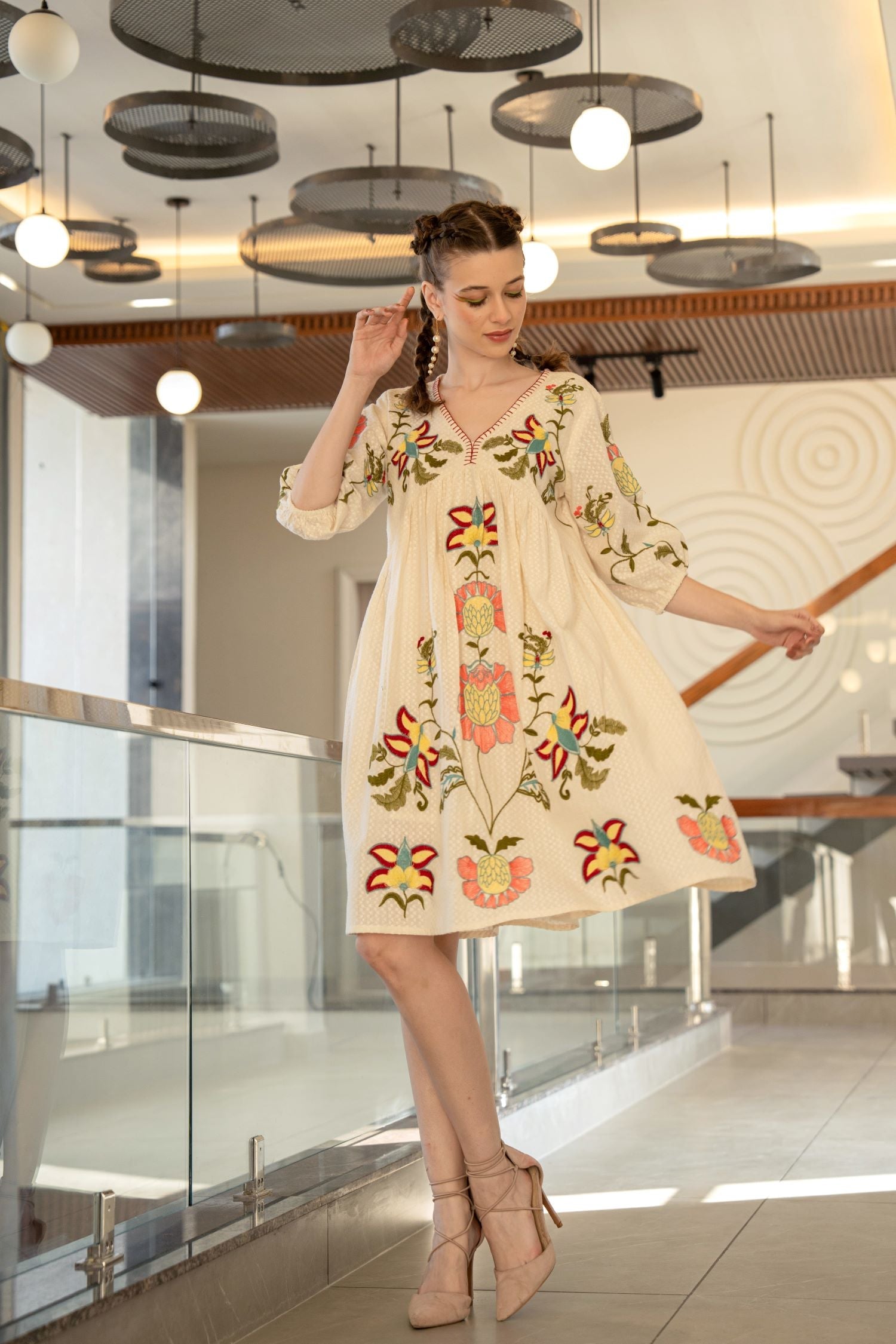 Cream Cotton V-Neck Tunic Top with Floral Embroidery