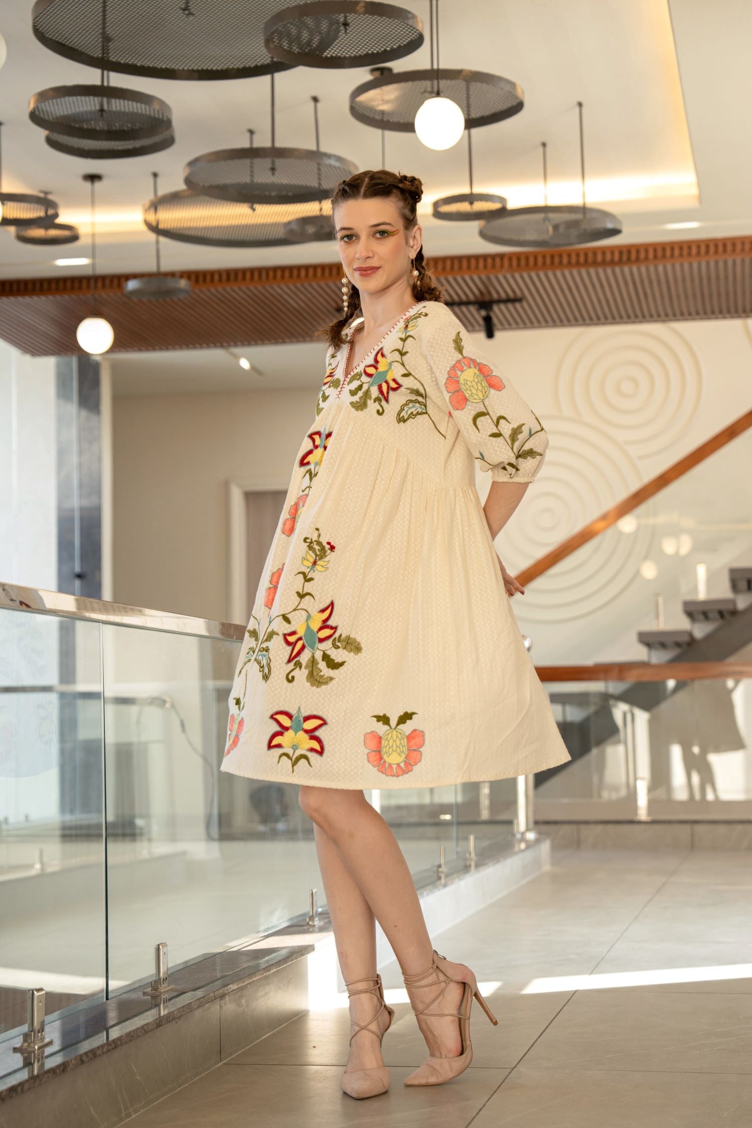 Cream Cotton V-Neck Tunic Top with Floral Embroidery