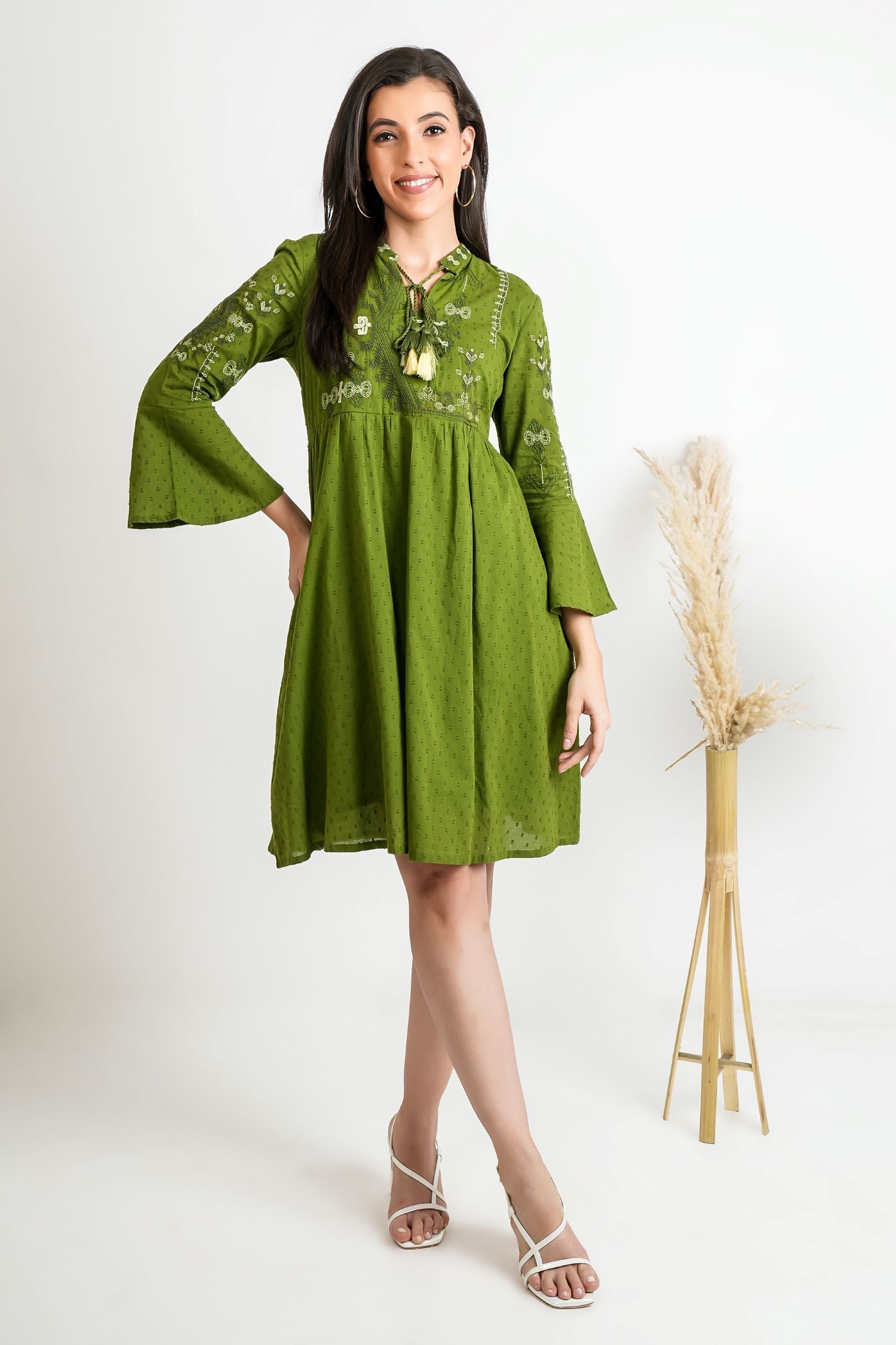 Forest Flow Solid Green Cotton Dress