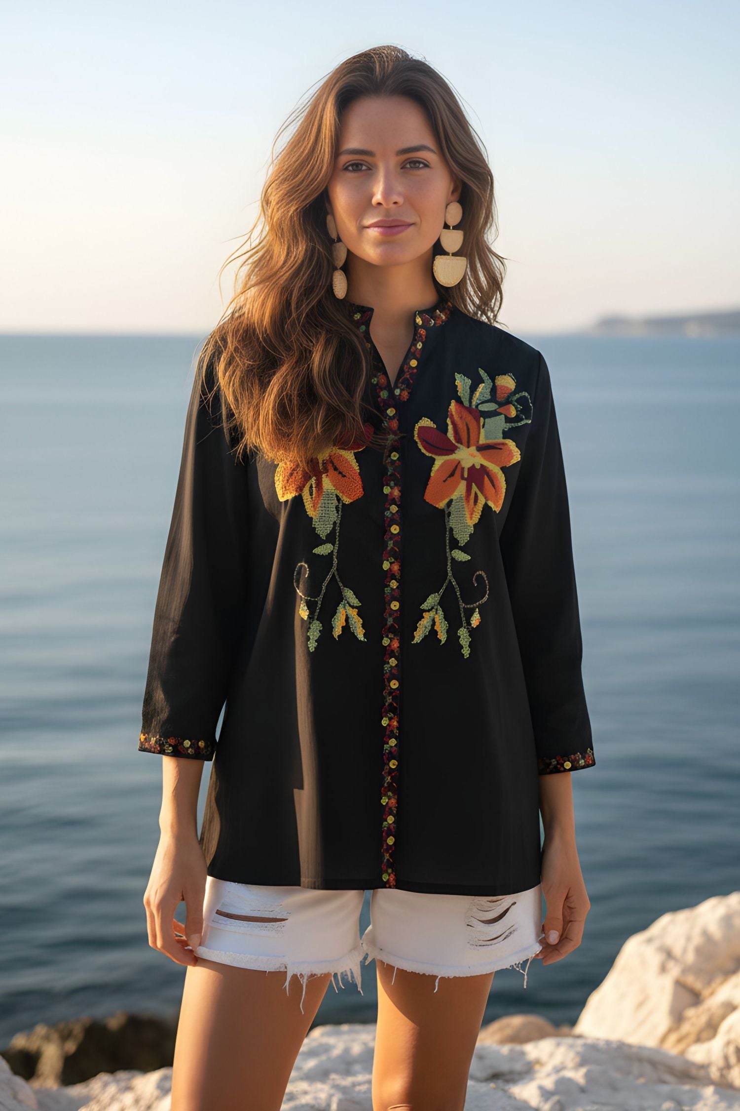 Black Floral Embroidered Tunic Top