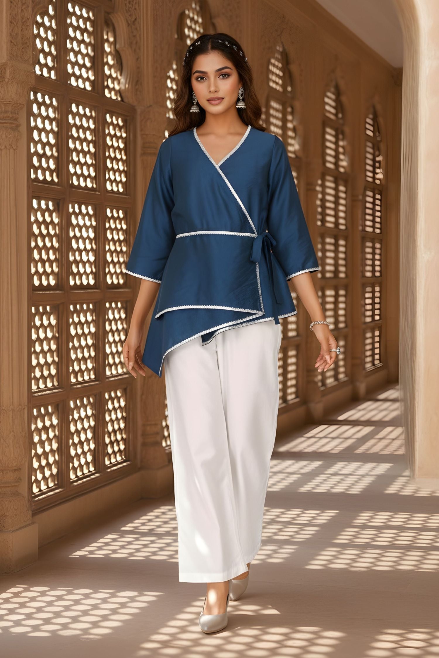 Blue Wrap-Style Asymmetric Top