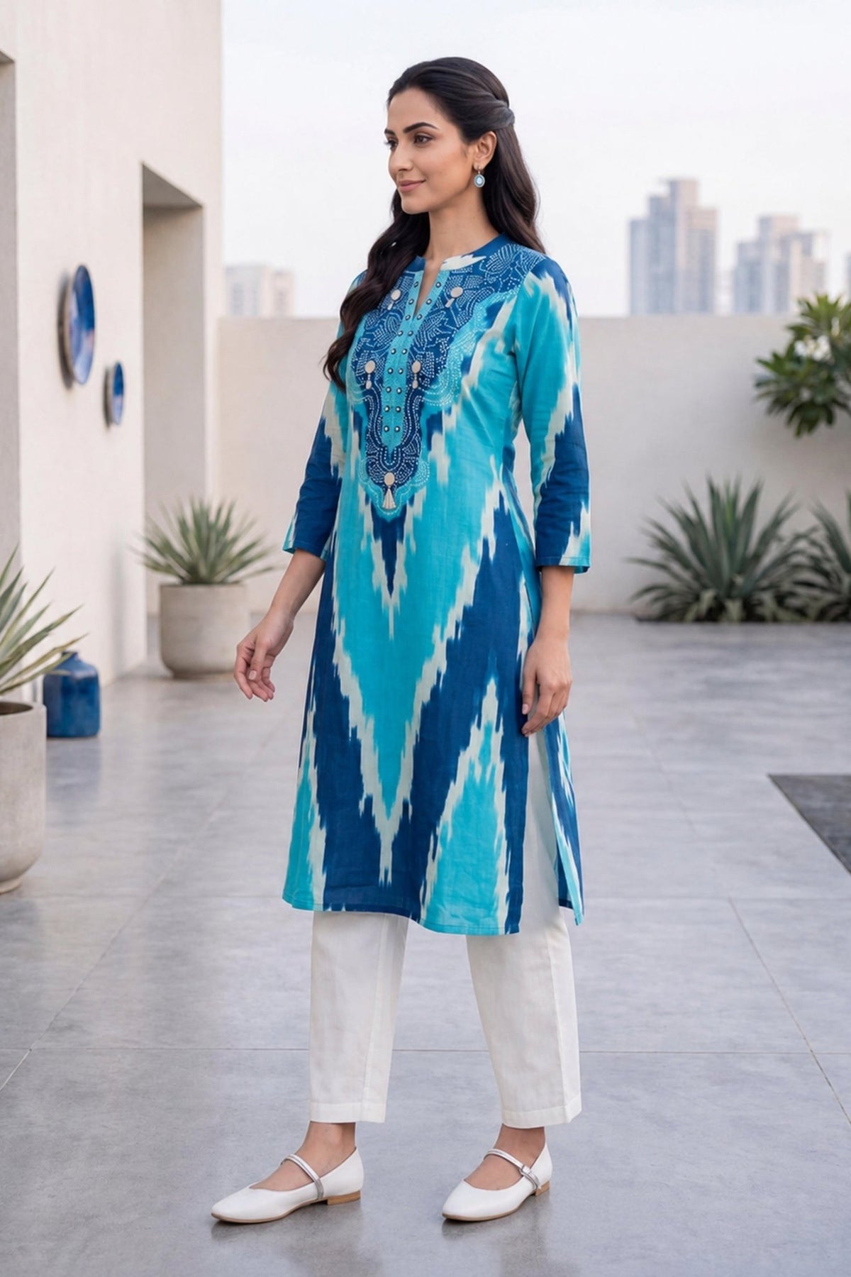 Blue & White Ikat Chevron Print Kurta Set - Freyaa