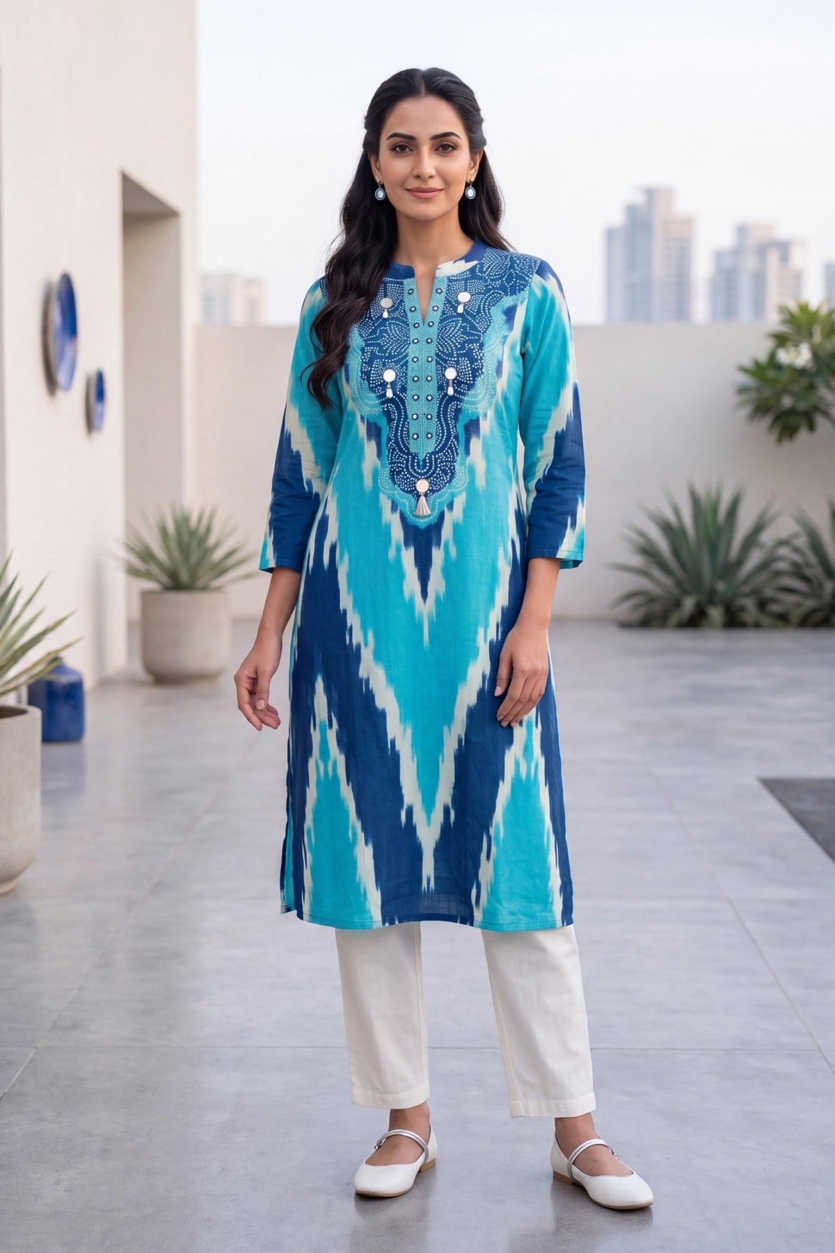 Blue & White Ikat Chevron Print Kurta Set - Freyaa