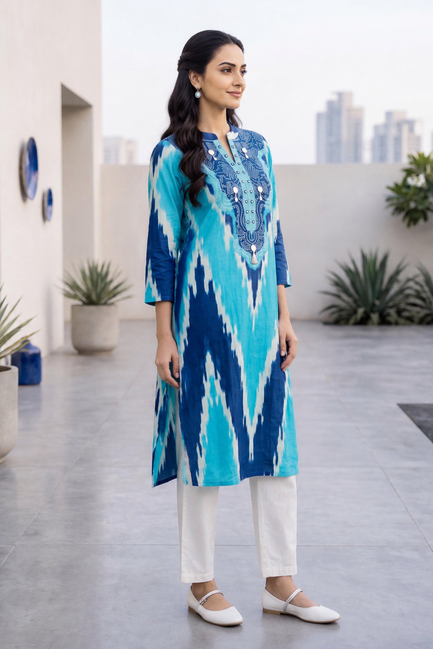 Blue & White Ikat Chevron Print Kurta Set