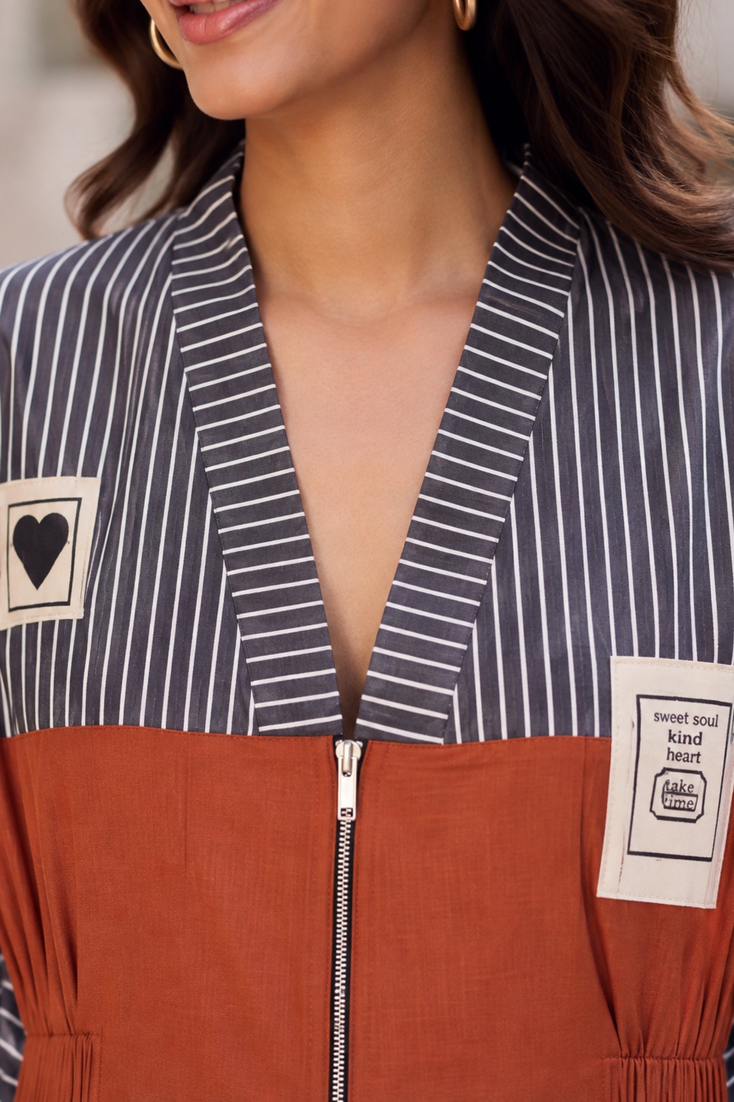 Modern Striped Yoke & Rust Zipper Style Midi Dress