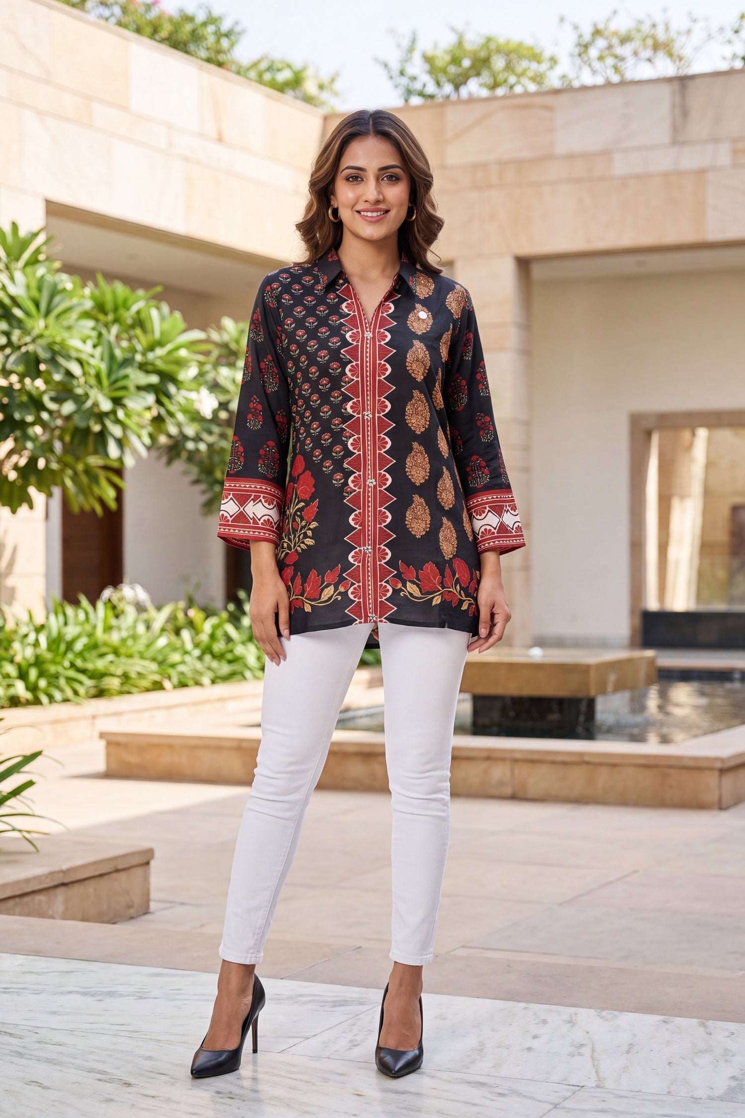 Navy Blue & Floral Printed Crepe Top