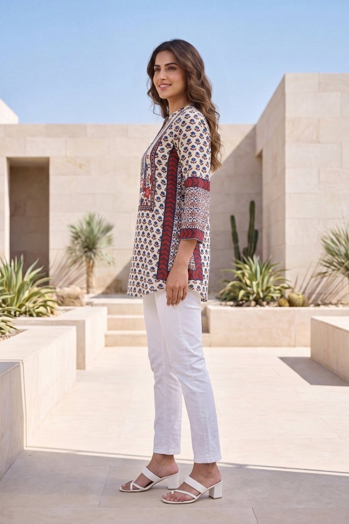 White Floral Block-Print Crepe Top - Freyaa USA & Canada