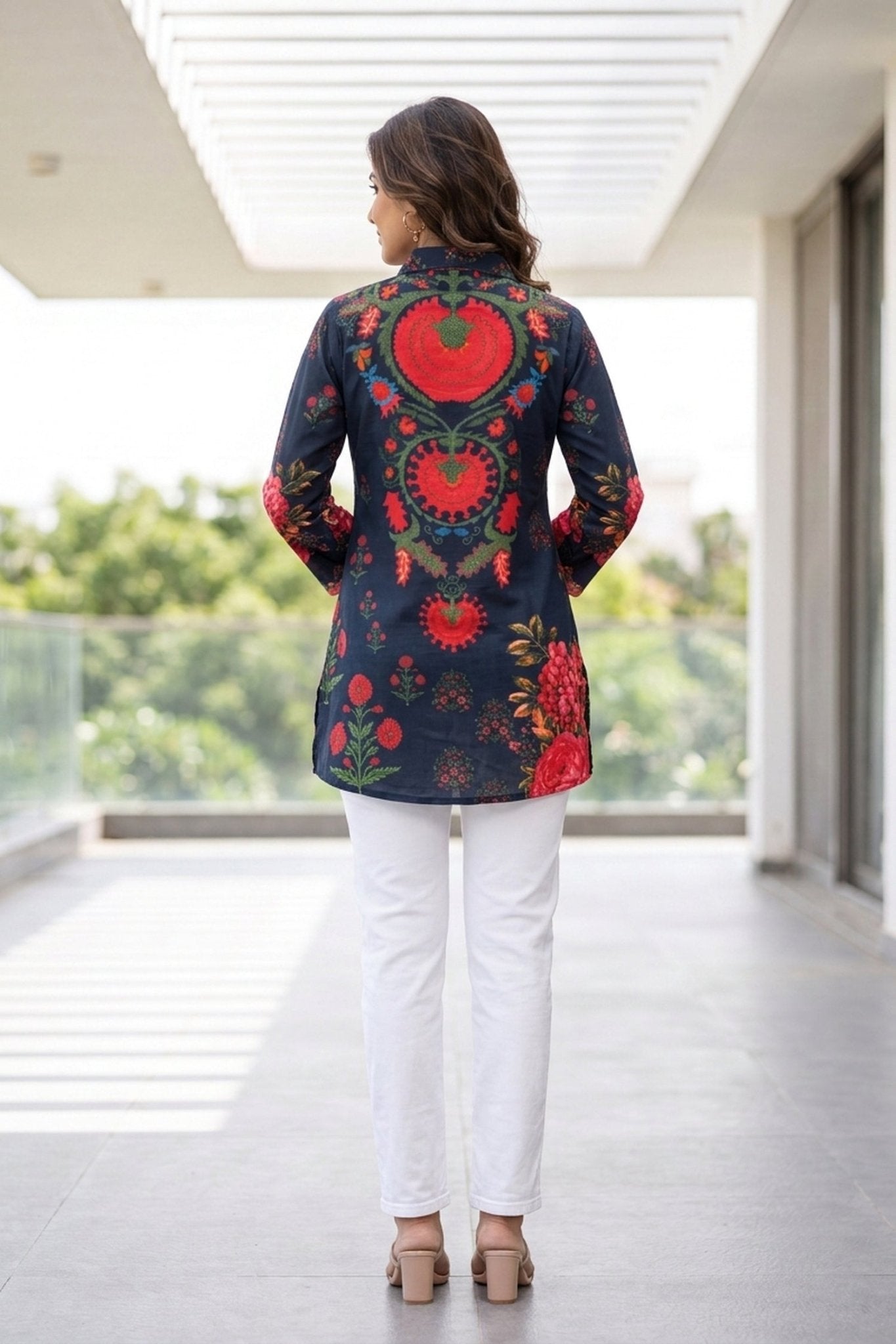 Navy Blue Floral Crepe Shirt Top - Freyaa USA & Canada
