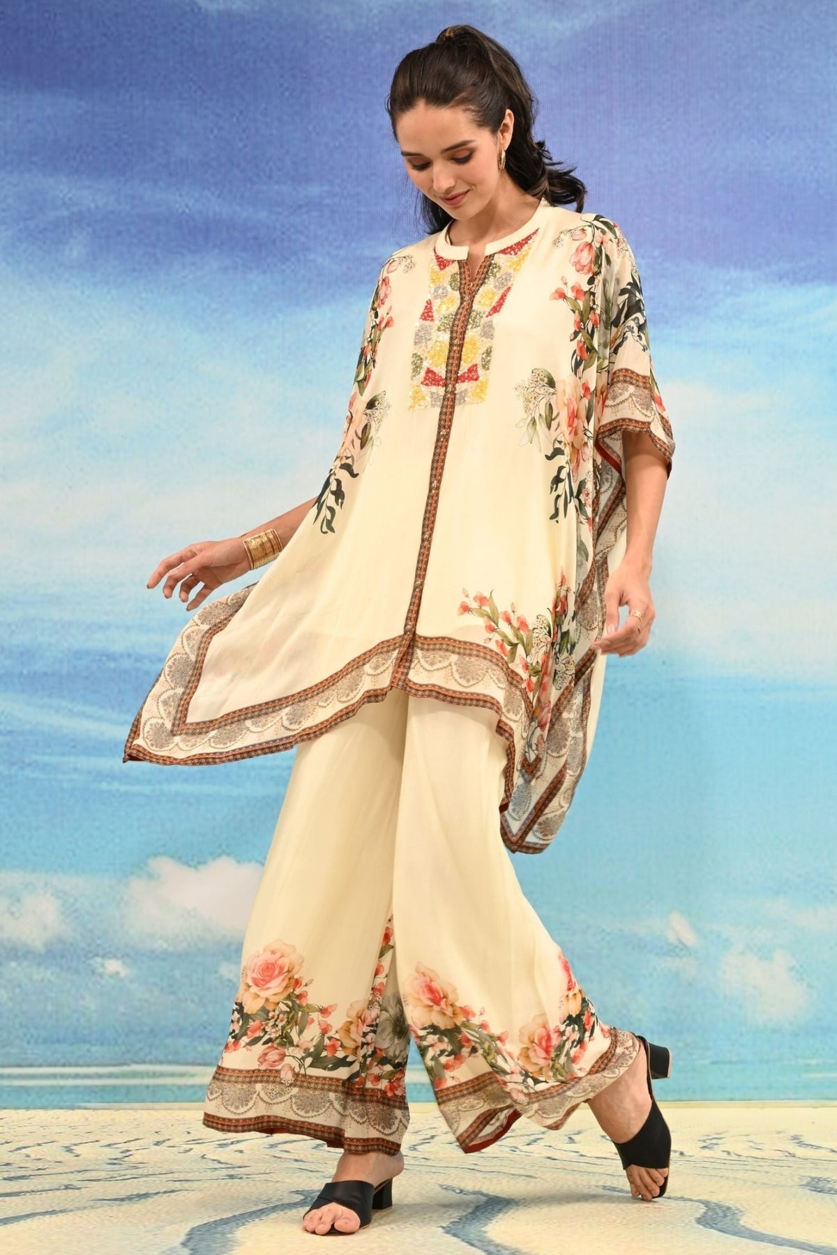Beige Sharara-Style Two-Piece Cord Set with Detailed Embroidered Design - Freyaa USA & Canada
