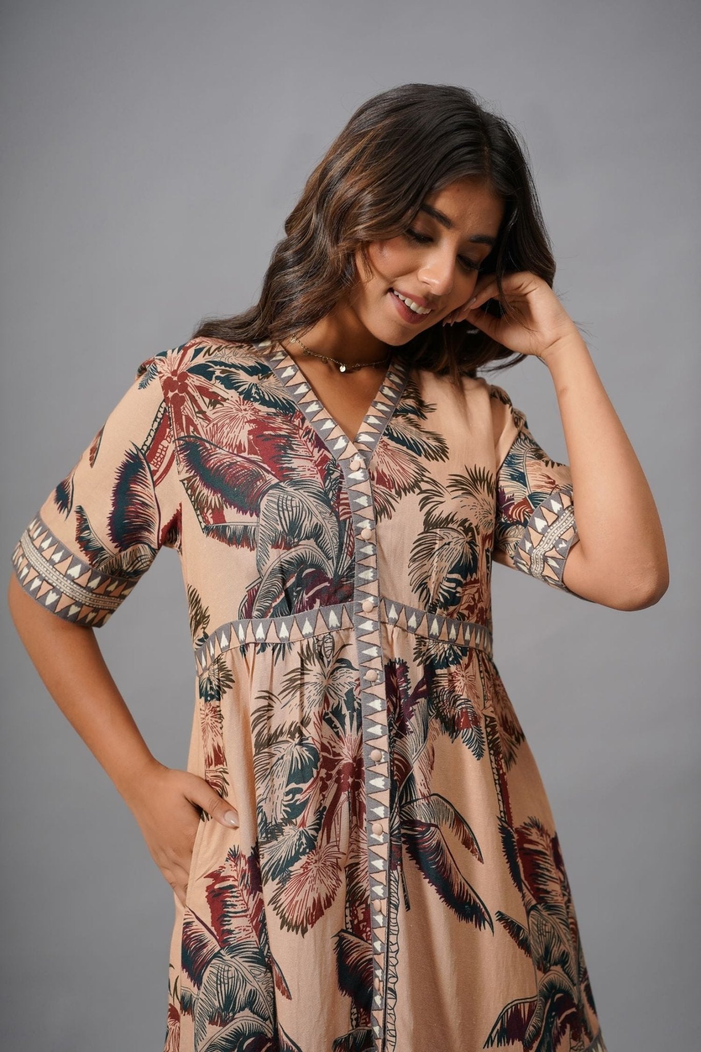 Peach Reverie Printed Midi Dress - Freyaa USA & Canada