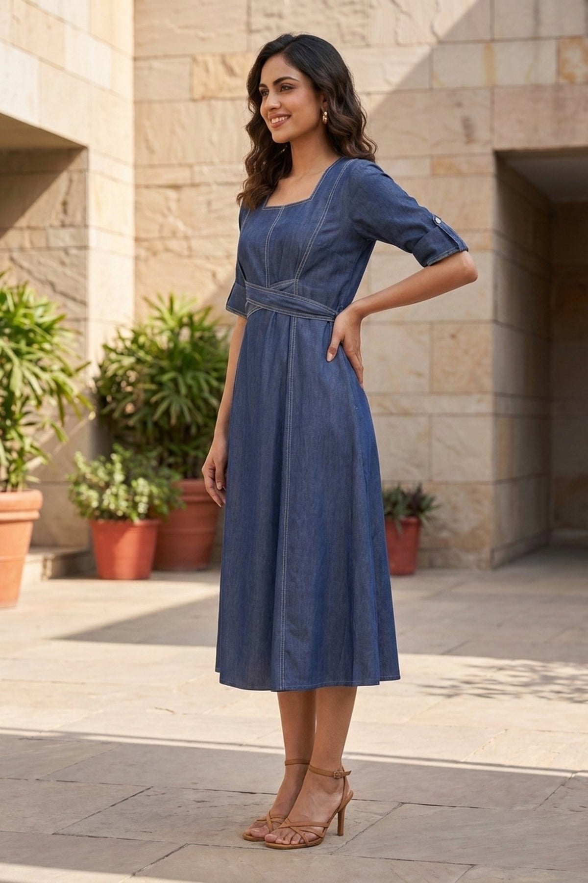 Indigo Blue Cotton Denim Long Dress - Freyaa USA & Canada