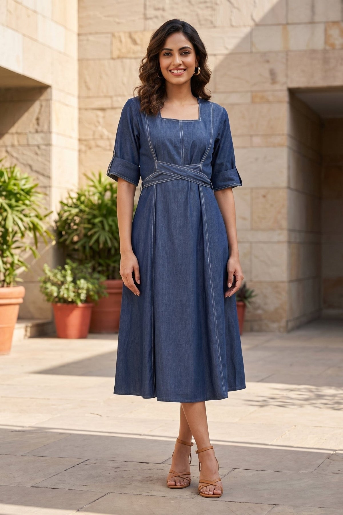 Indigo Blue Cotton Denim Long Dress - Freyaa