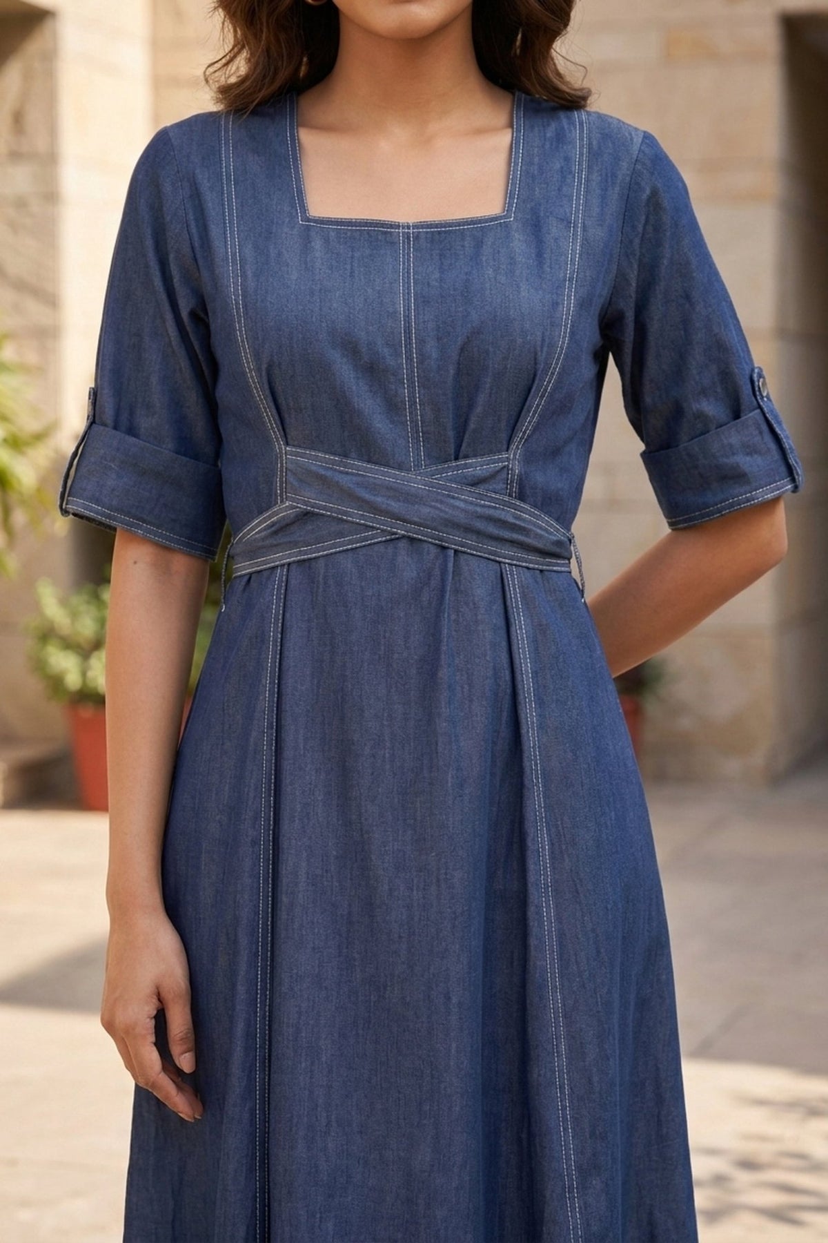 Indigo Blue Cotton Denim Long Dress - Freyaa USA & Canada