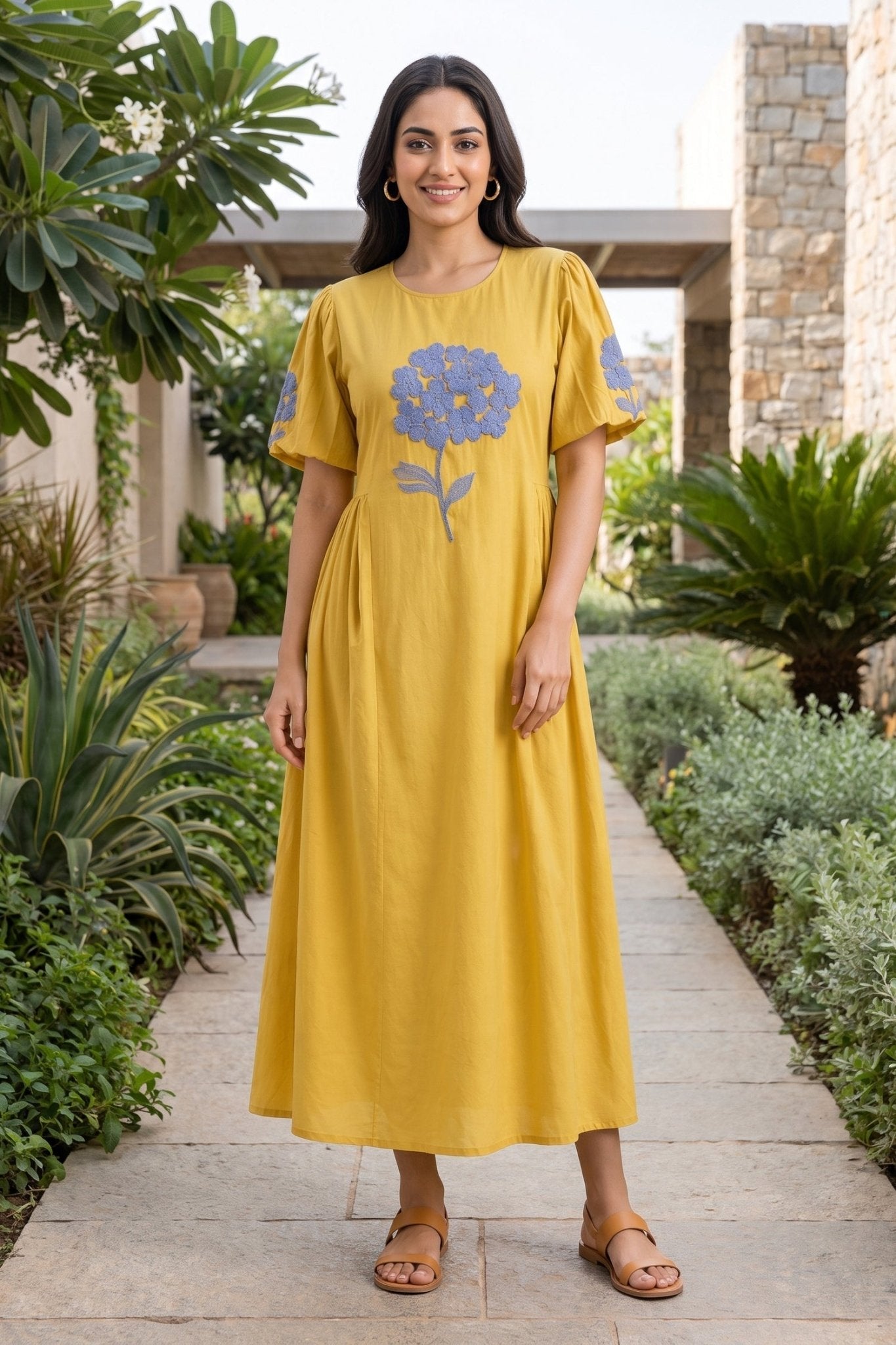 Sunshine Yellow Dress with Blue Floral Embroidery - Freyaa USA & Canada
