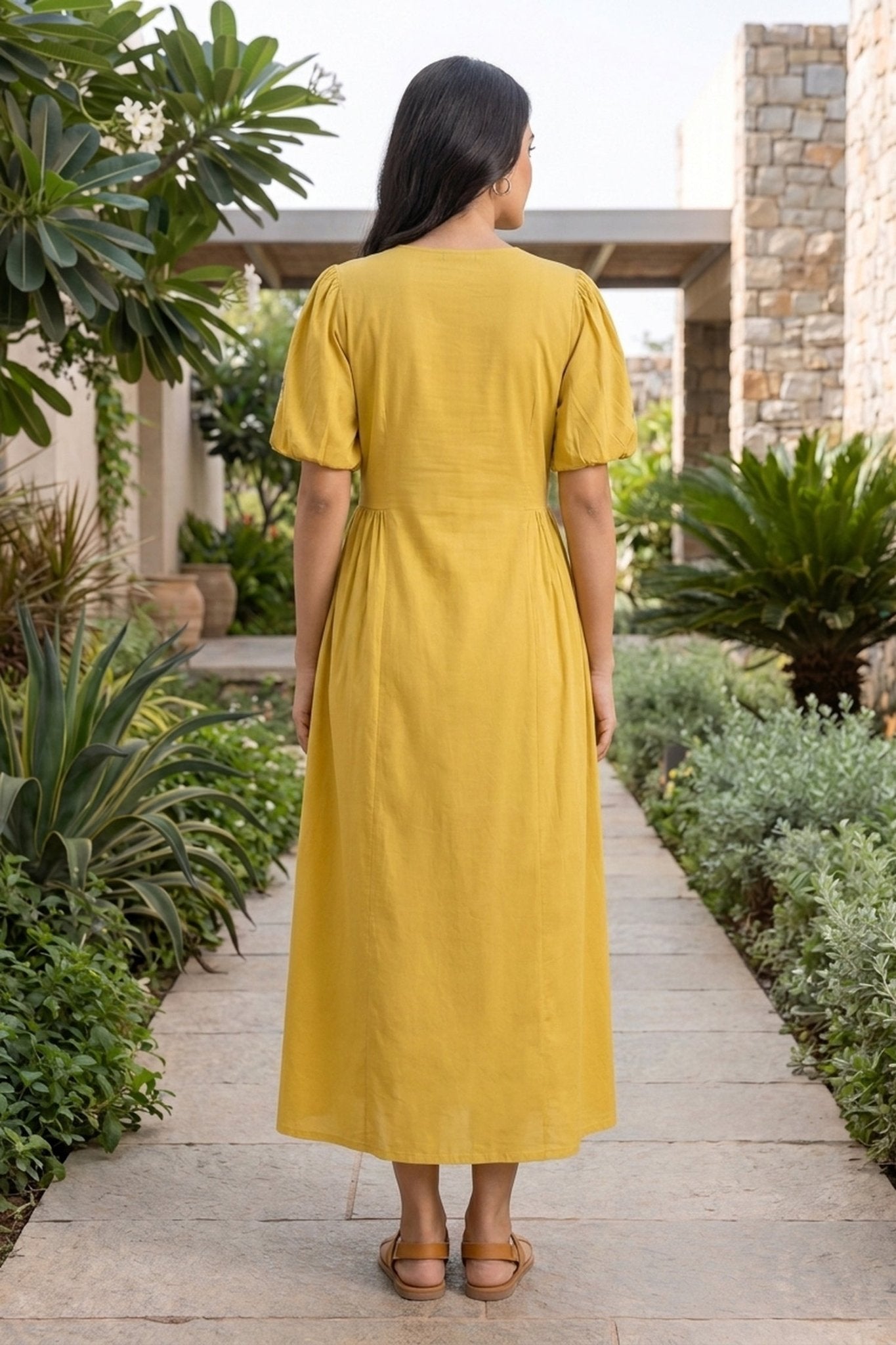 Sunshine Yellow Dress with Blue Floral Embroidery - Freyaa USA & Canada