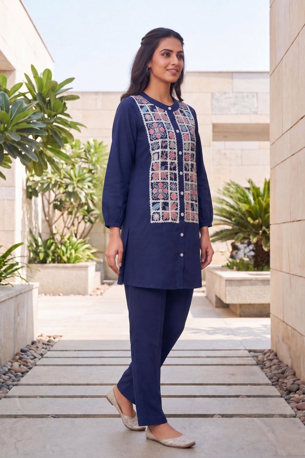 Navy Floral Embroidered CordSet - Freyaa