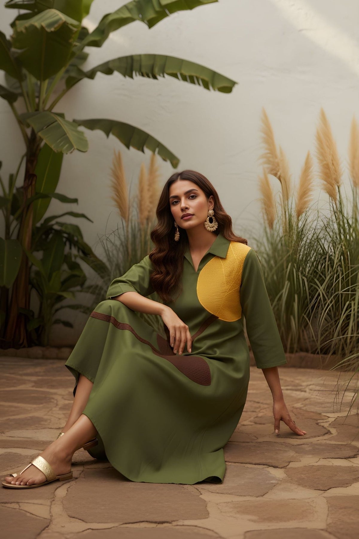 Regular Fit Leaf Green Collar Neck Dress. - Freyaa USA & Canada