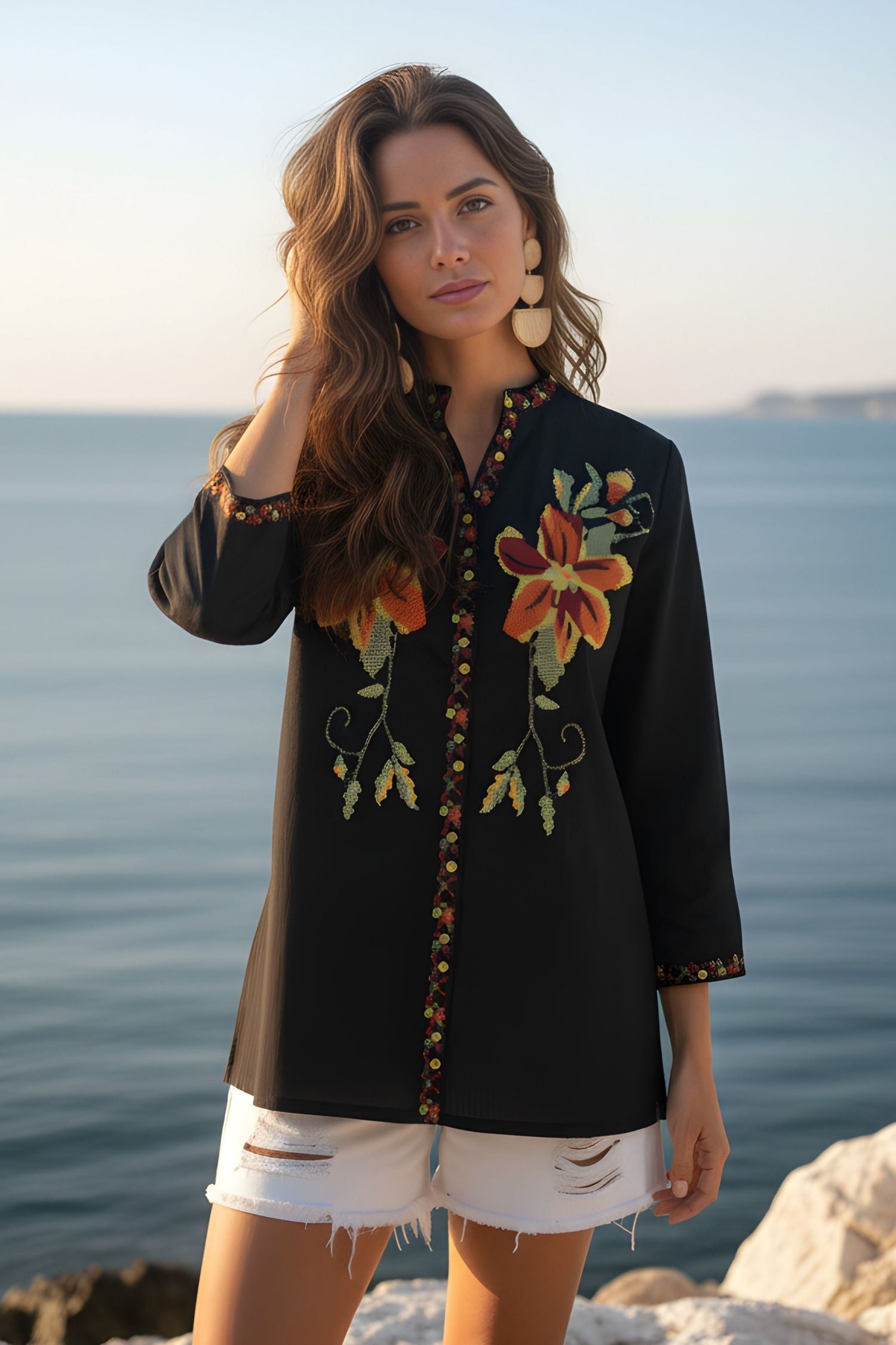 Black Floral Embroidered Tunic Top