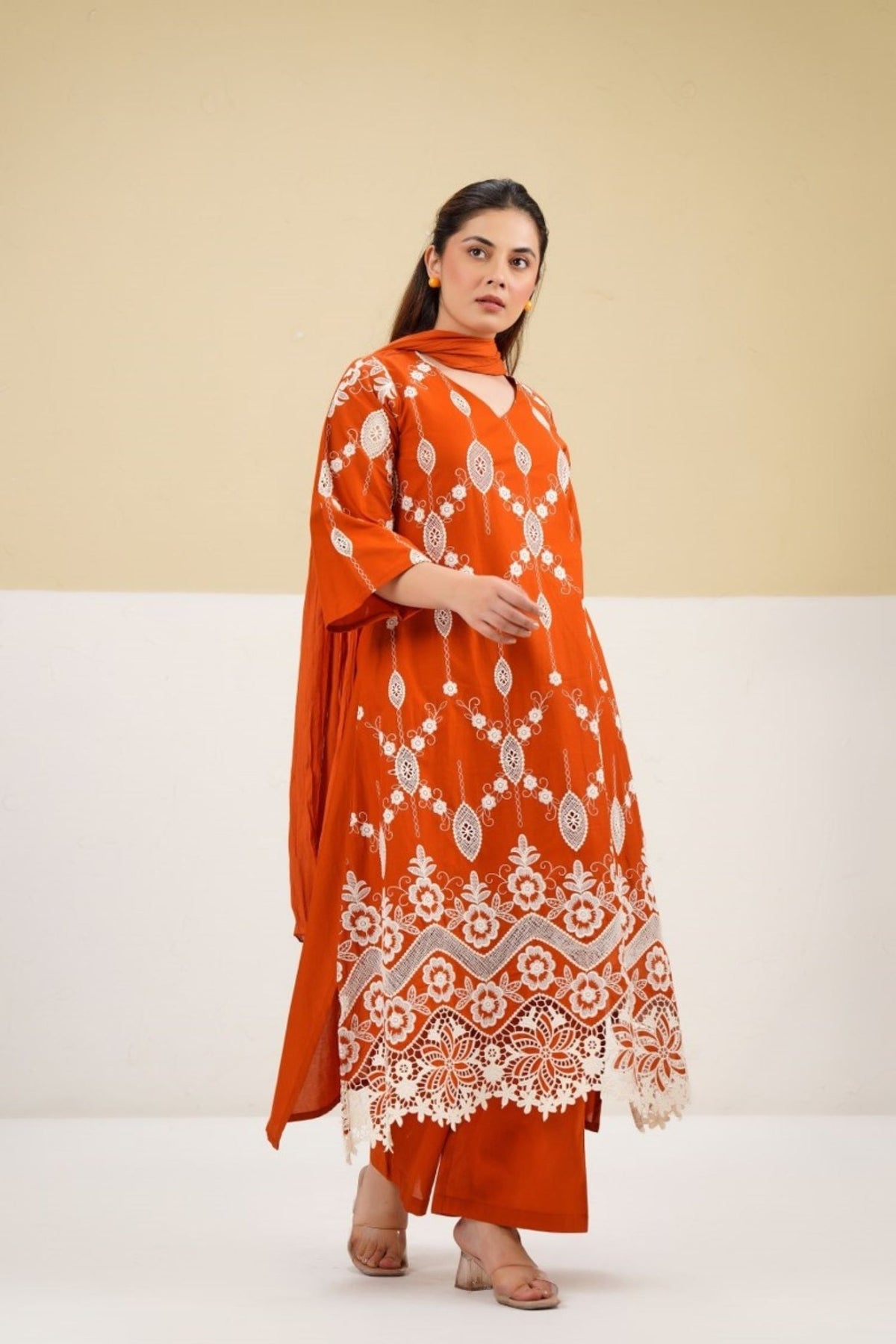 Cotton Embroidered Dupatta Set in Orange. - Freyaa USA & Canada