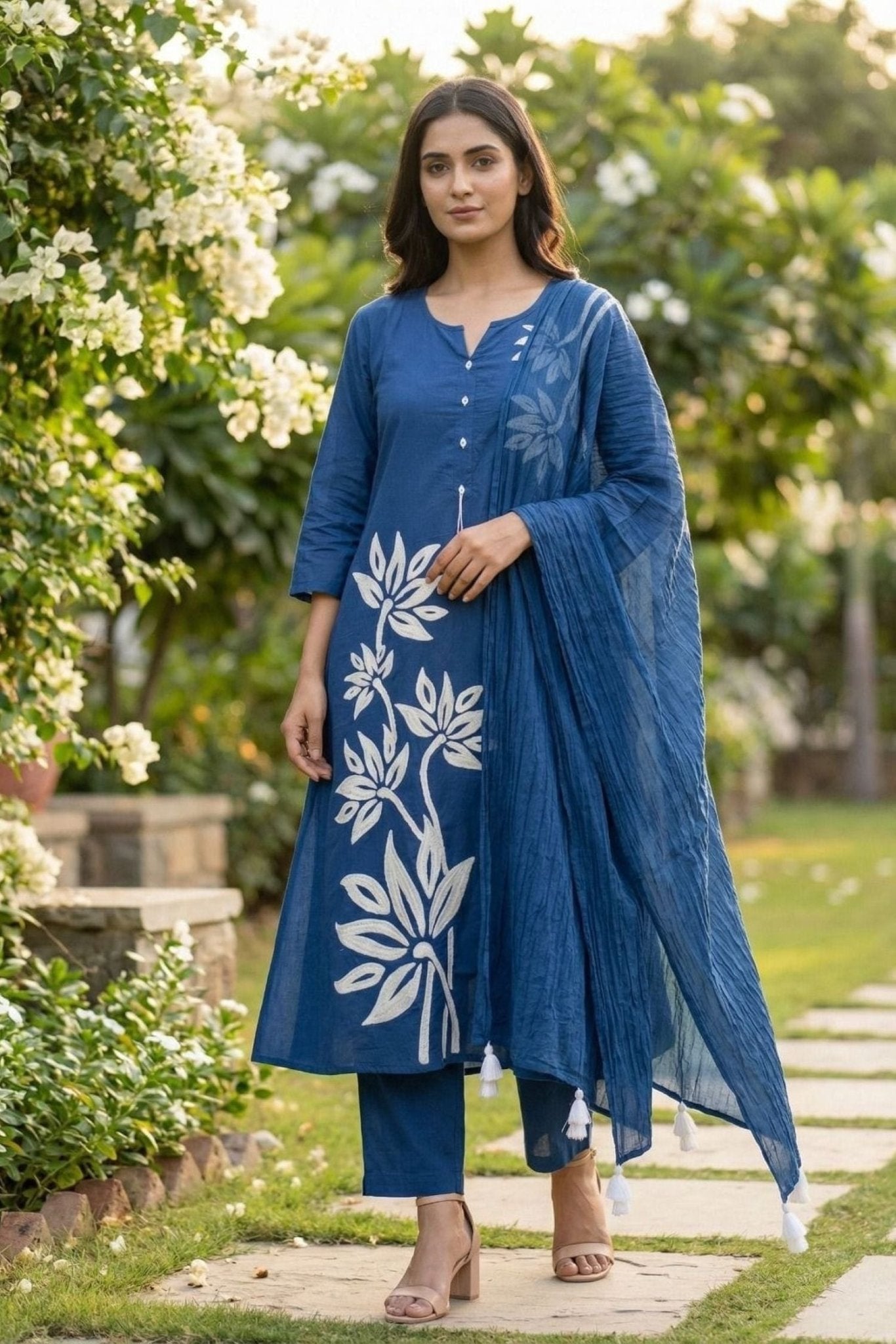 Blue Cotton Three-Piece Set with Minimal Work in Straight Cut - Freyaa USA & Canada